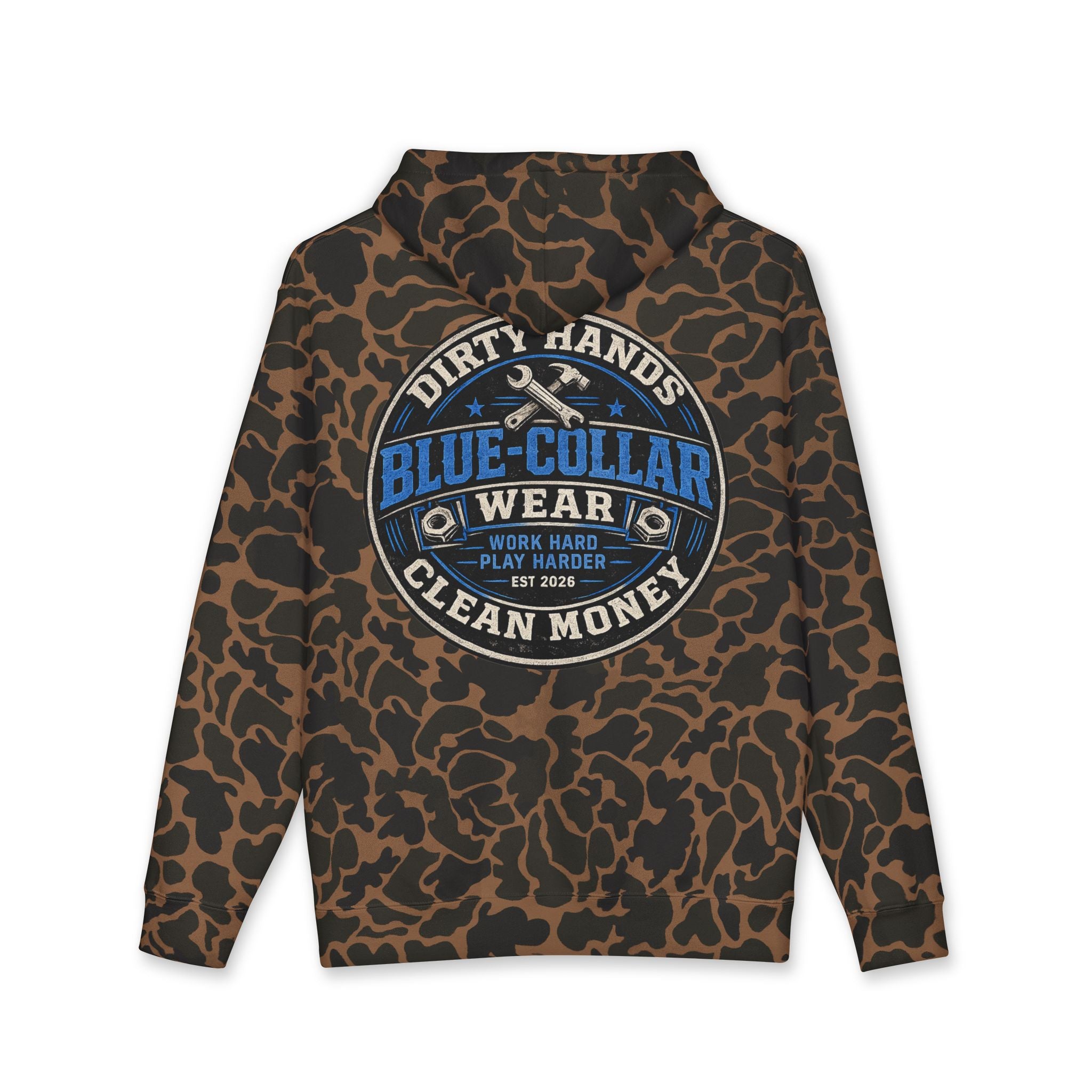Blue-Collar Workwear Hoodie — "Dirty Hands, Clean Money" Chest & Back Graphic