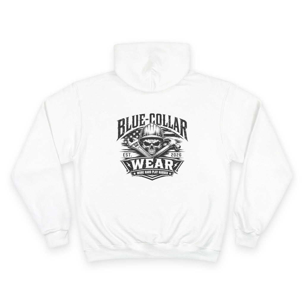 Blue-Collar Wear Hoodie — 'Work Hard, Play Harder' Champion Pullover