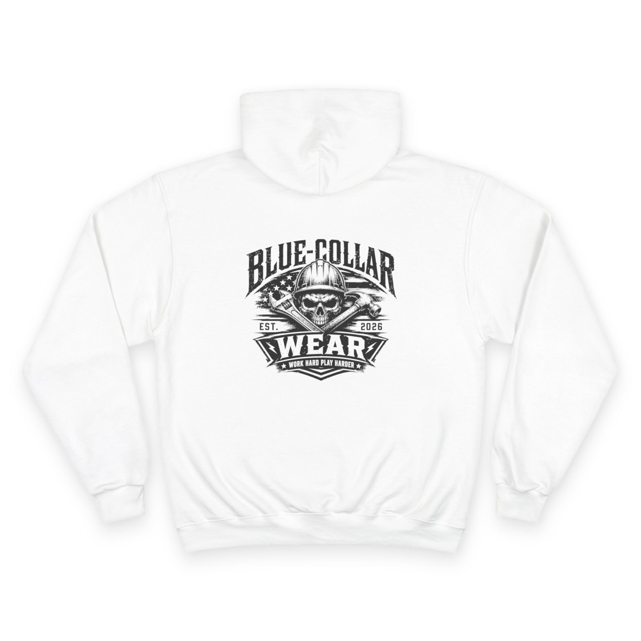 Blue-Collar Wear Hoodie — 'Work Hard, Play Harder' Champion Pullover