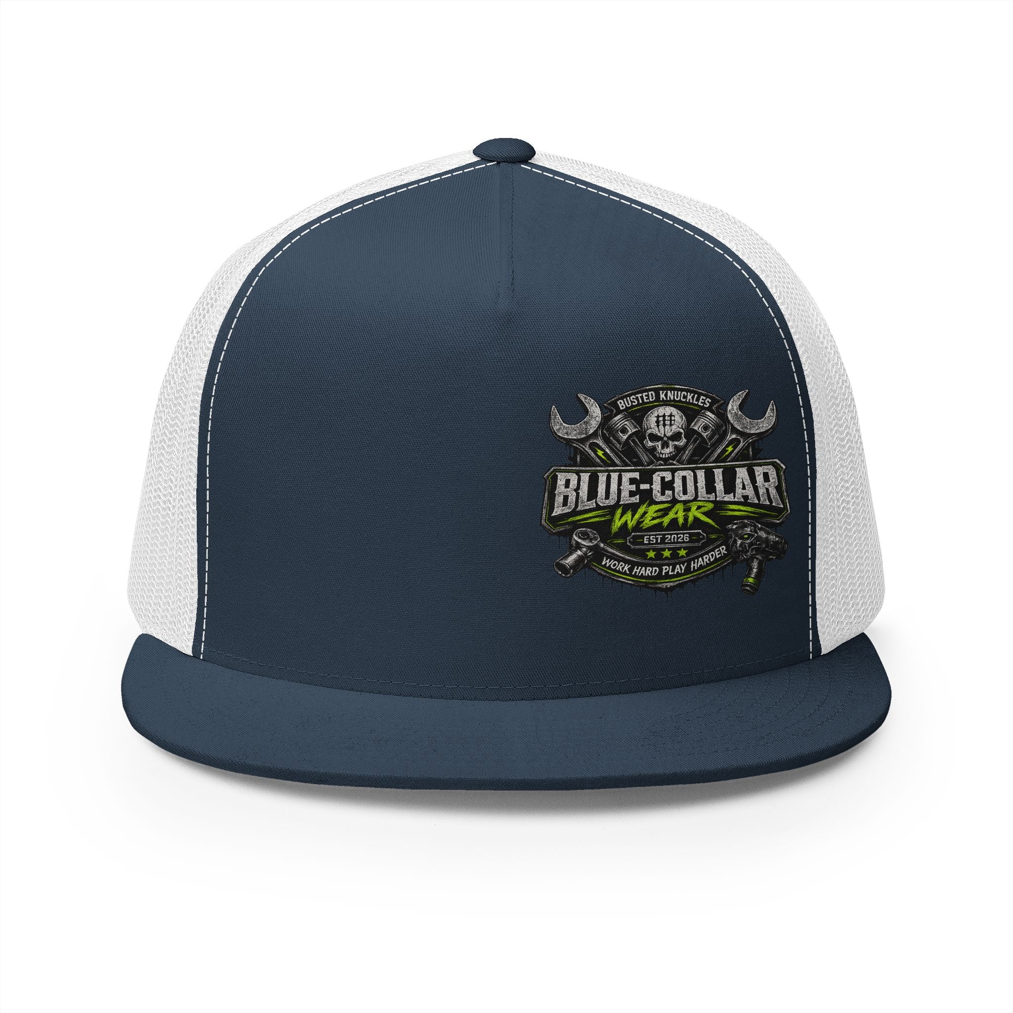 Blue Collar Wear Trucker Cap Mechanic — Workwear Skull Logo Mesh Snapback
