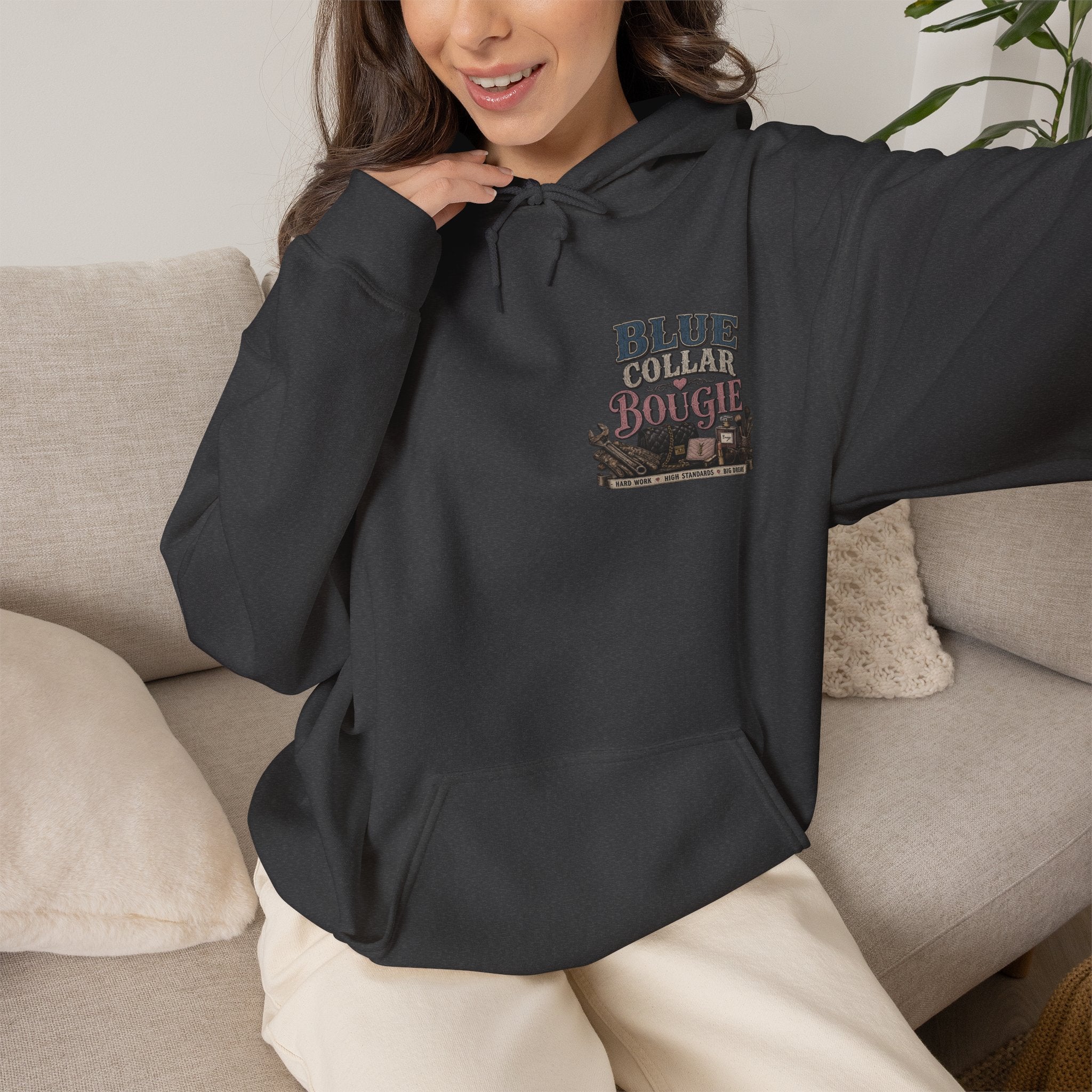 Blue Collar Bougie Hoodie — Rustic Workwear Graphic Pullover