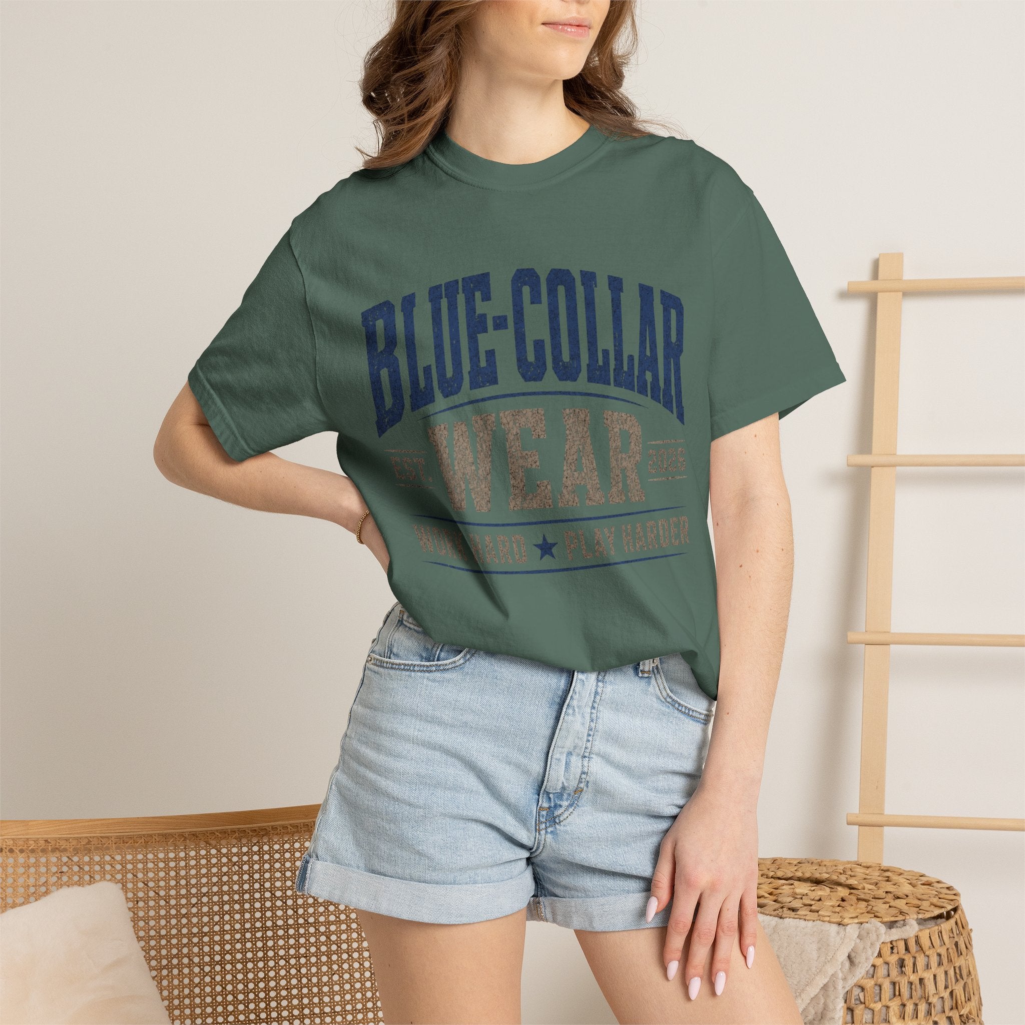Blue-Collar Wear T-Shirt — "Work Hard • Play Harder" Retro Workwear Tee