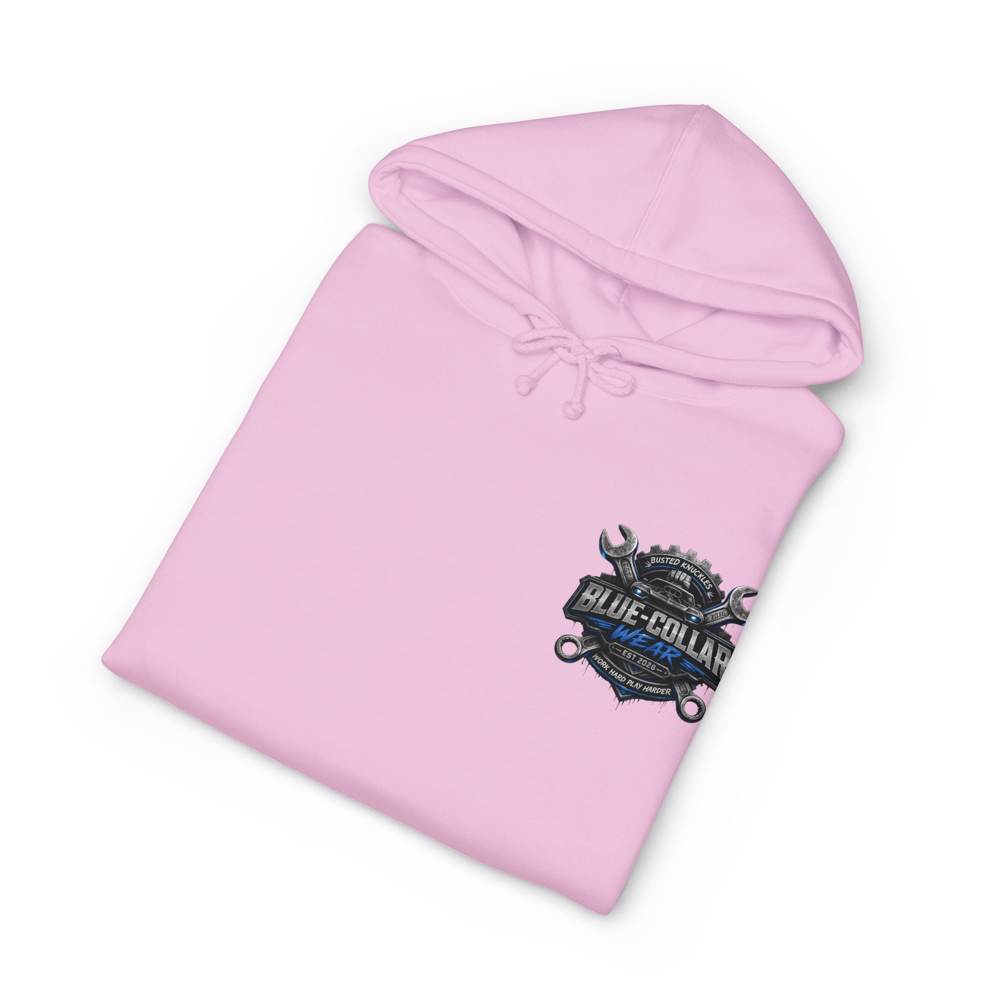 Blue-Collar Wear Hoodie — Mechanic Wrench Logo Workwear Pullover