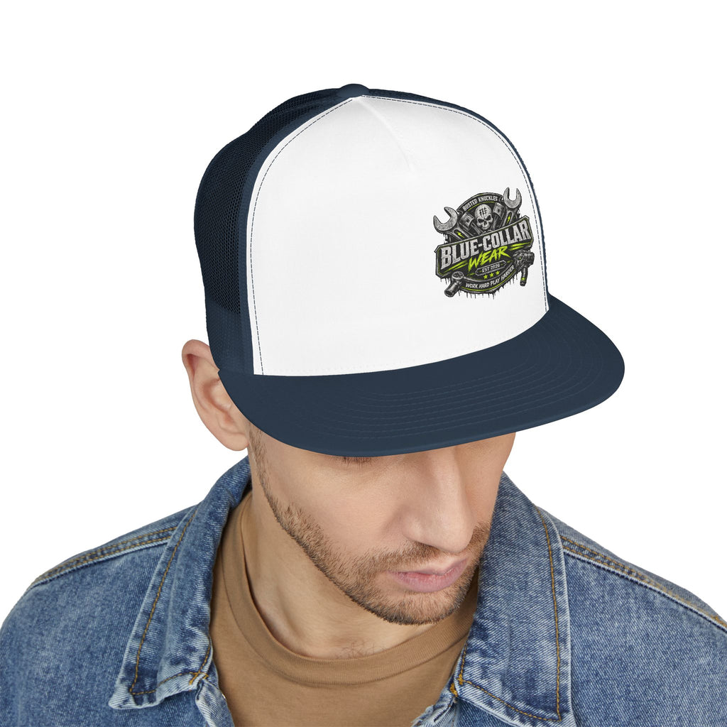 Blue Collar Wear Trucker Cap Mechanic — Workwear Skull Logo Mesh Snapback