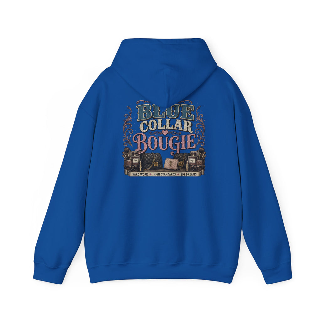 Blue Collar Bougie Hoodie — Rustic Workwear Graphic Pullover