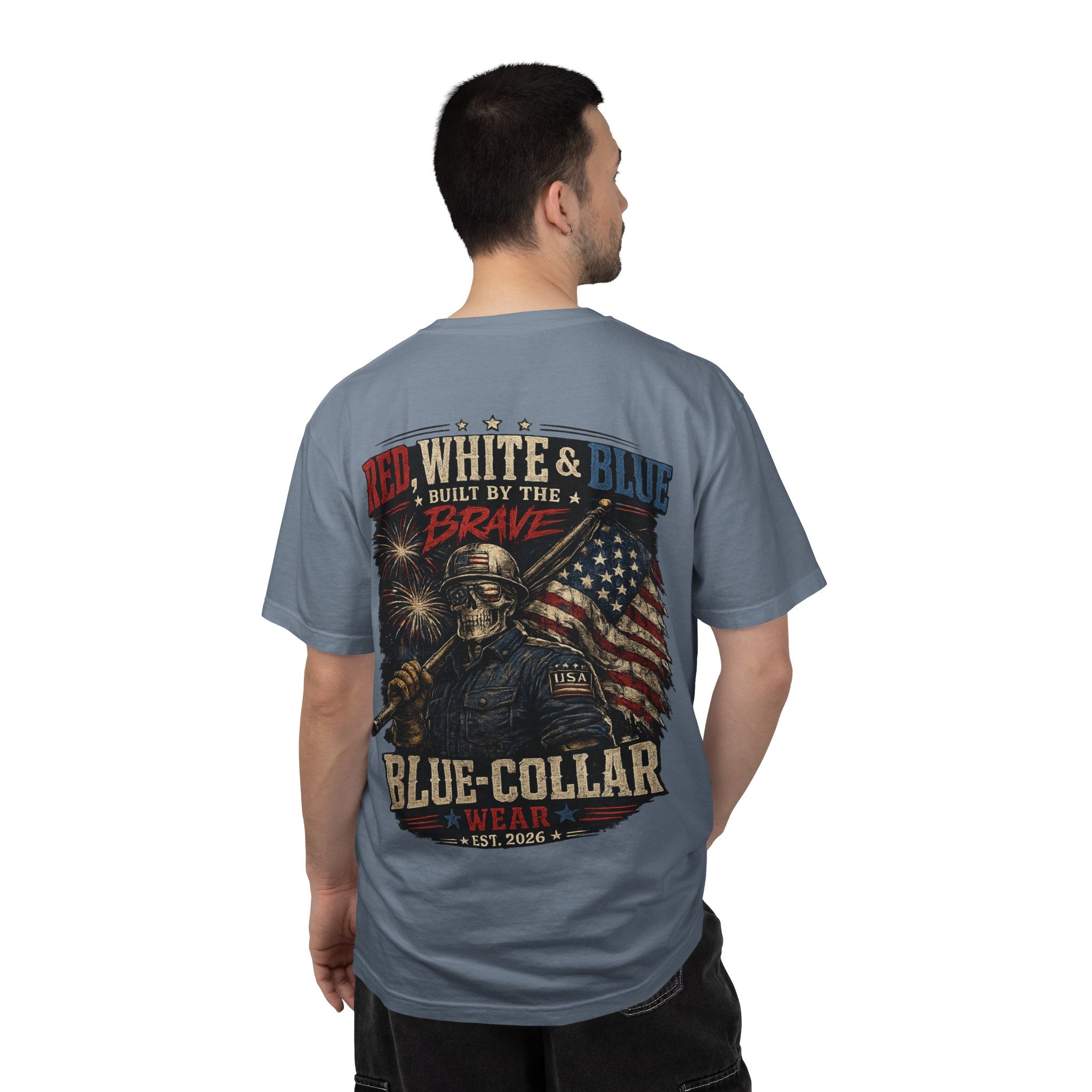 Blue-Collar Wear Patriotic T-Shirt — “Red, White & Blue Built by the Brave”