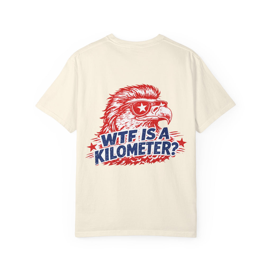 WTF Is a Kilometer? Graphic T‑Shirt — Retro Eagle Patriotic Travel Humor
