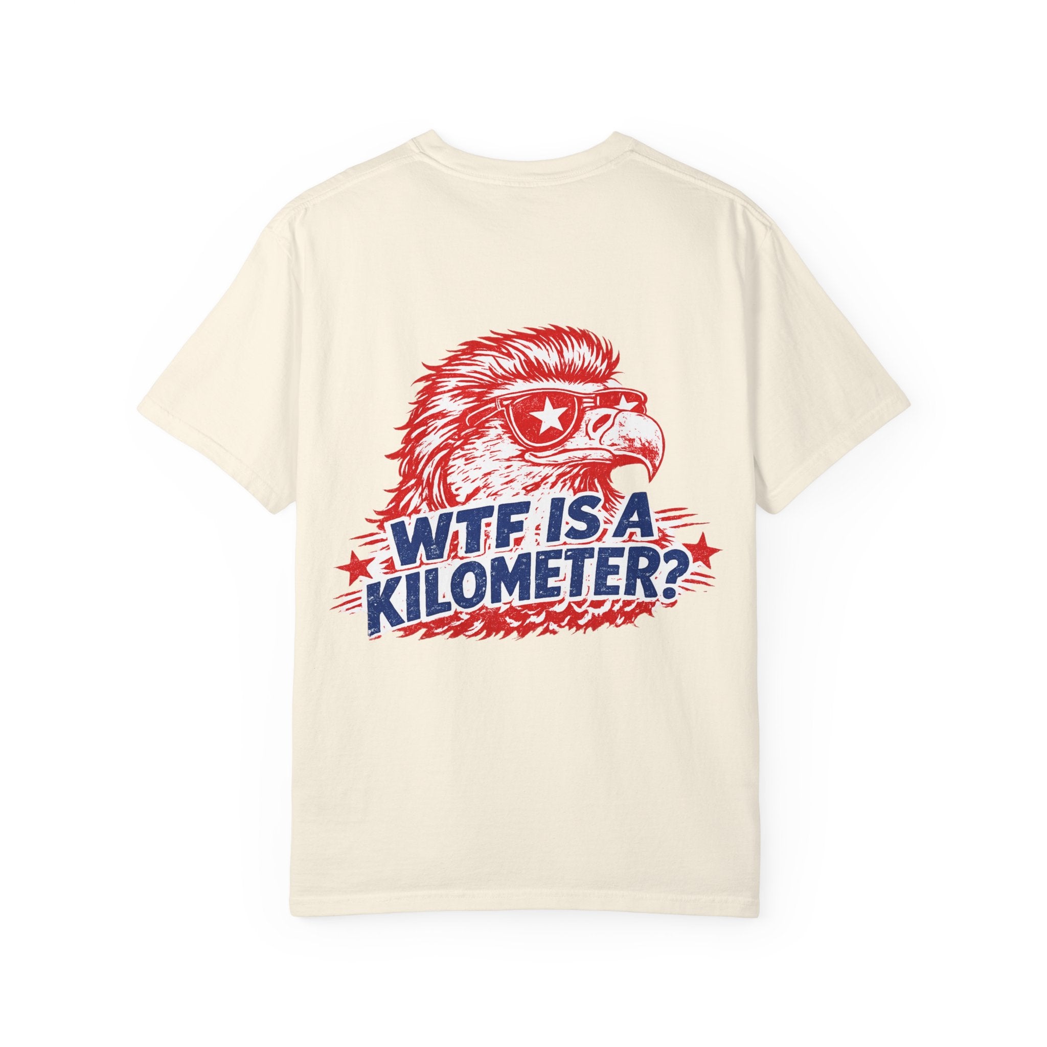 WTF Is a Kilometer? Graphic T‑Shirt — Retro Eagle Patriotic Travel Humor