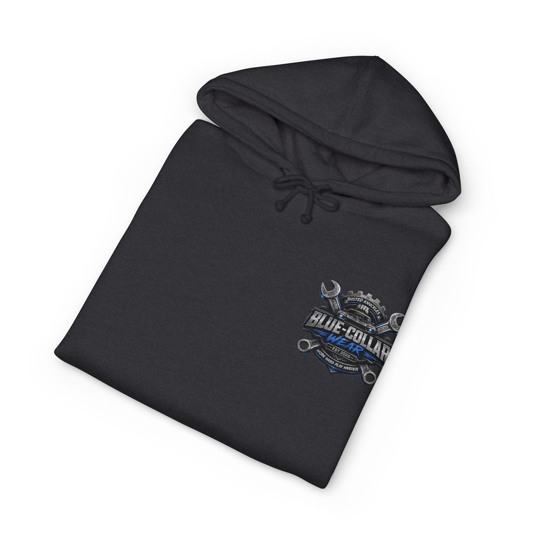 Blue-Collar Wear Hoodie — Mechanic Wrench Logo Workwear Pullover