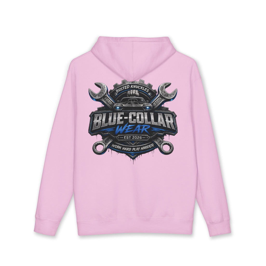 Blue-Collar Wear Hoodie — Mechanic Wrench Logo Workwear Pullover