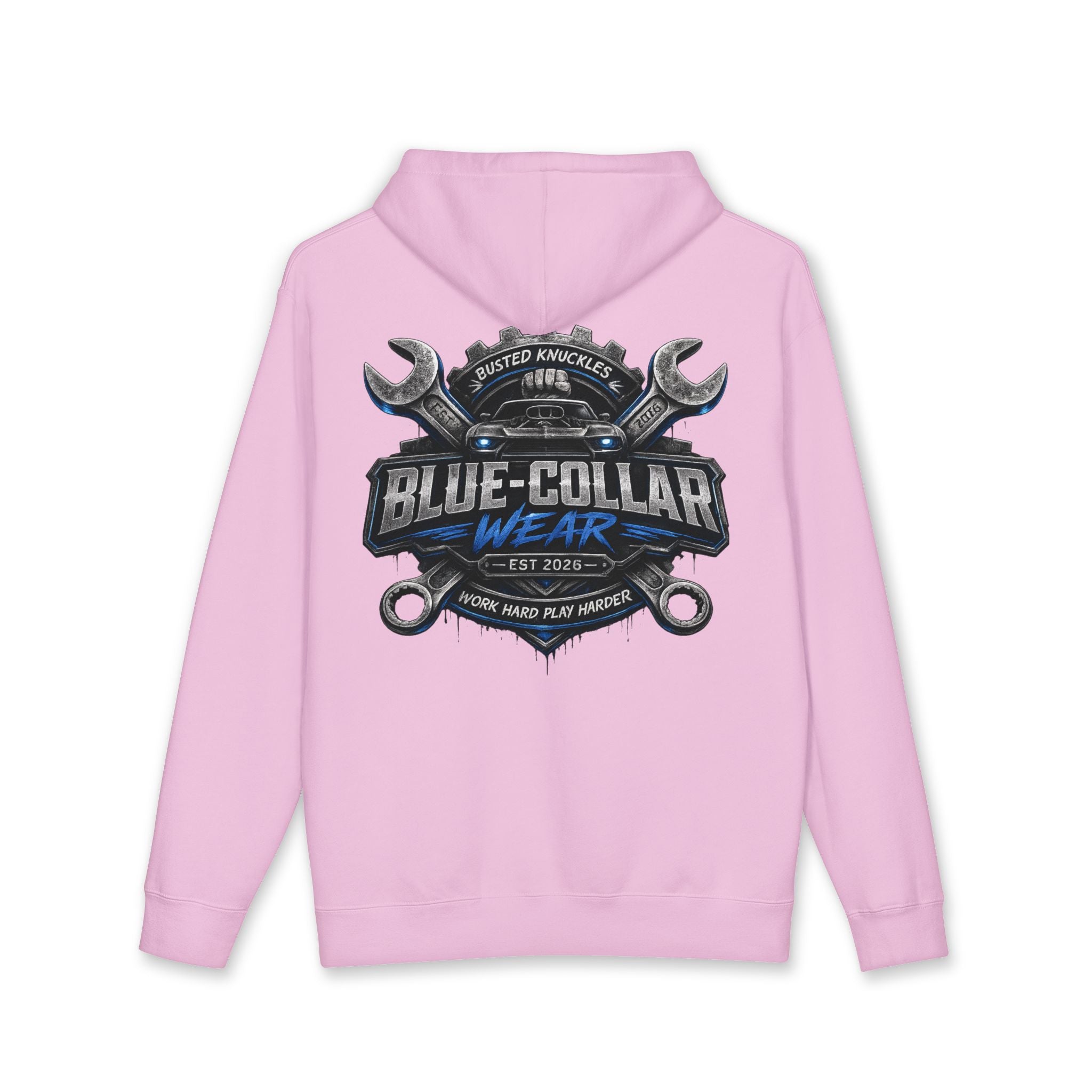 Blue-Collar Wear Hoodie — Mechanic Wrench Logo Workwear Pullover