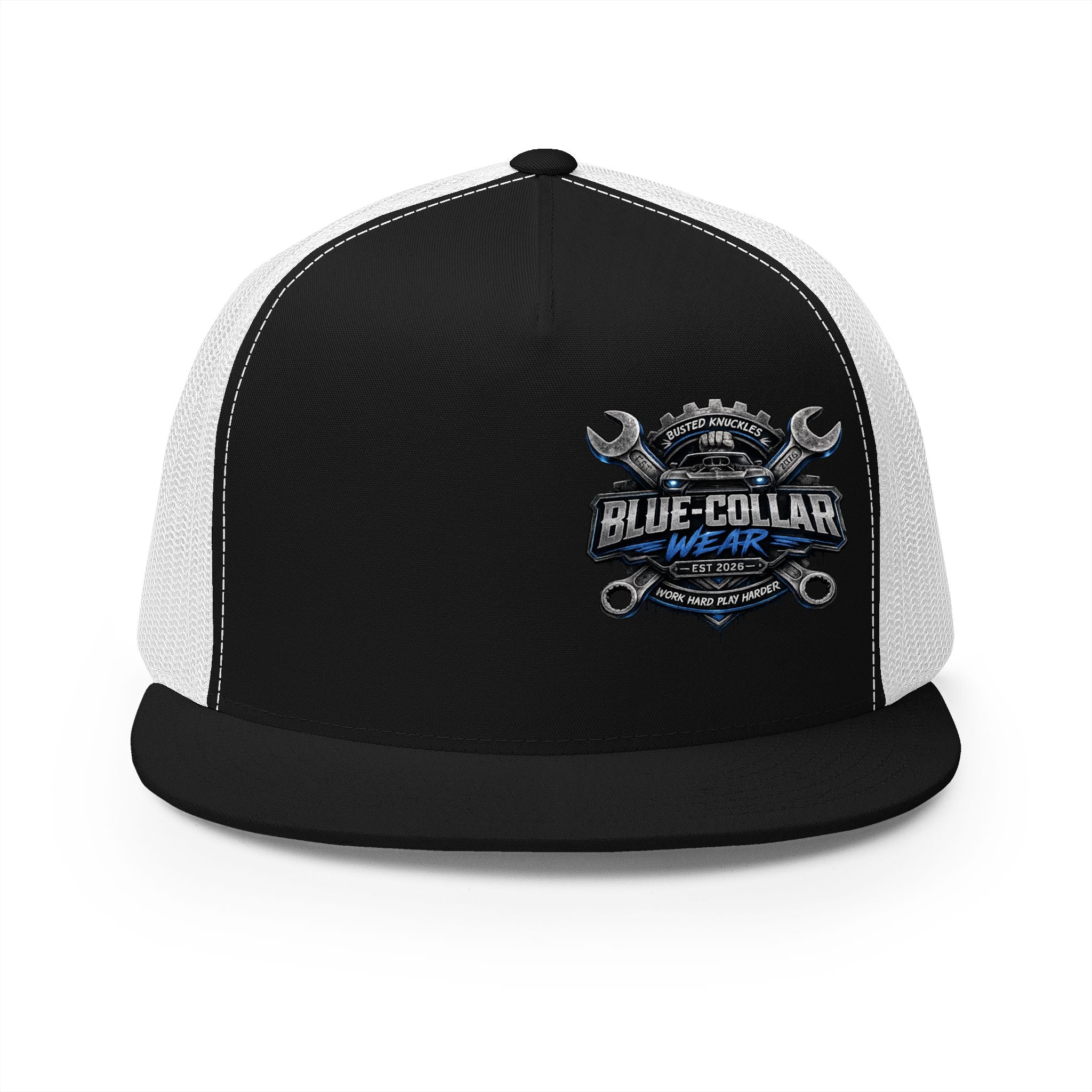 Blue-Collar Wear Trucker Cap — Vintage Mechanic Logo Snapback