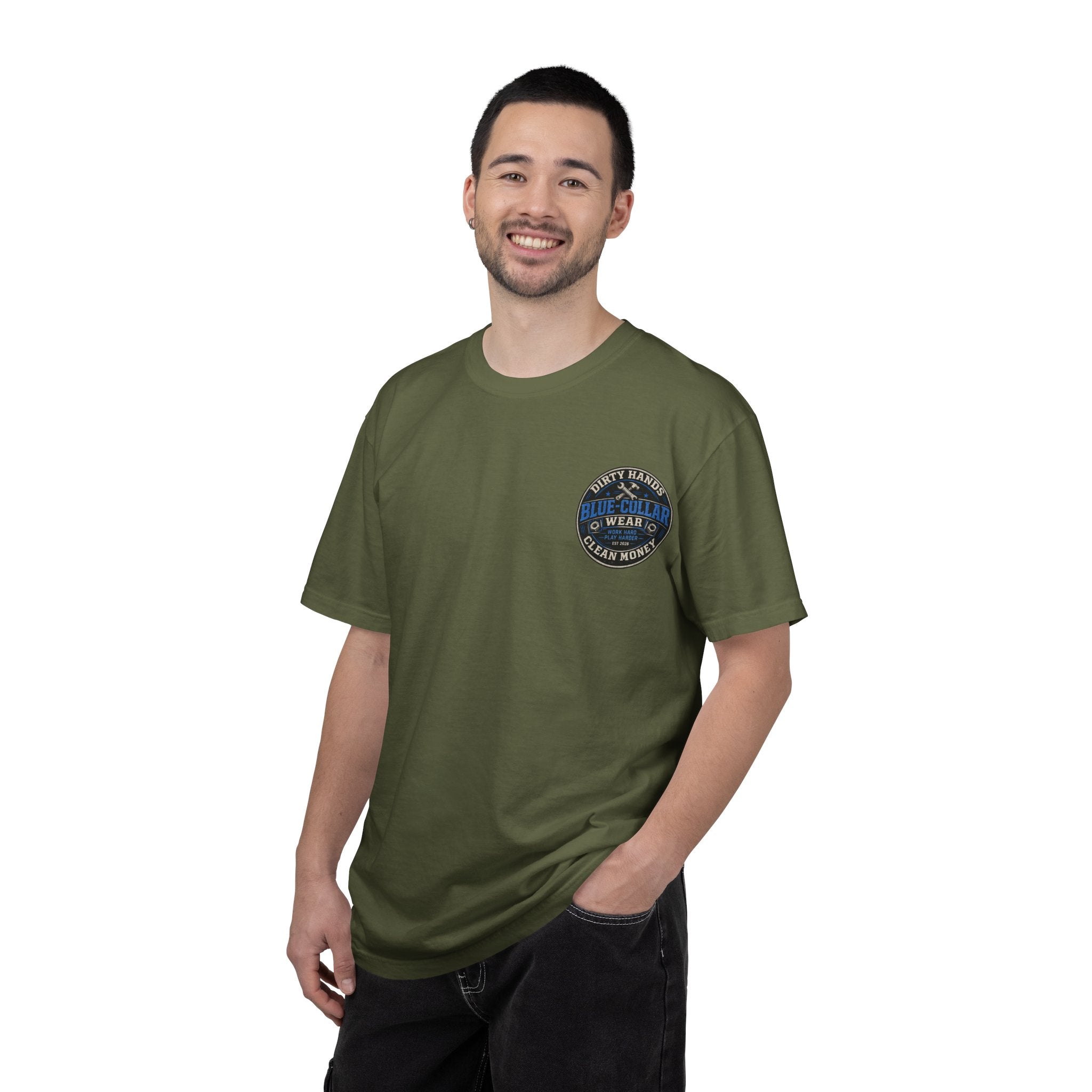 Blue-Collar T-Shirt — "Dirty Hands, Clean Money" Workwear Graphic Tee