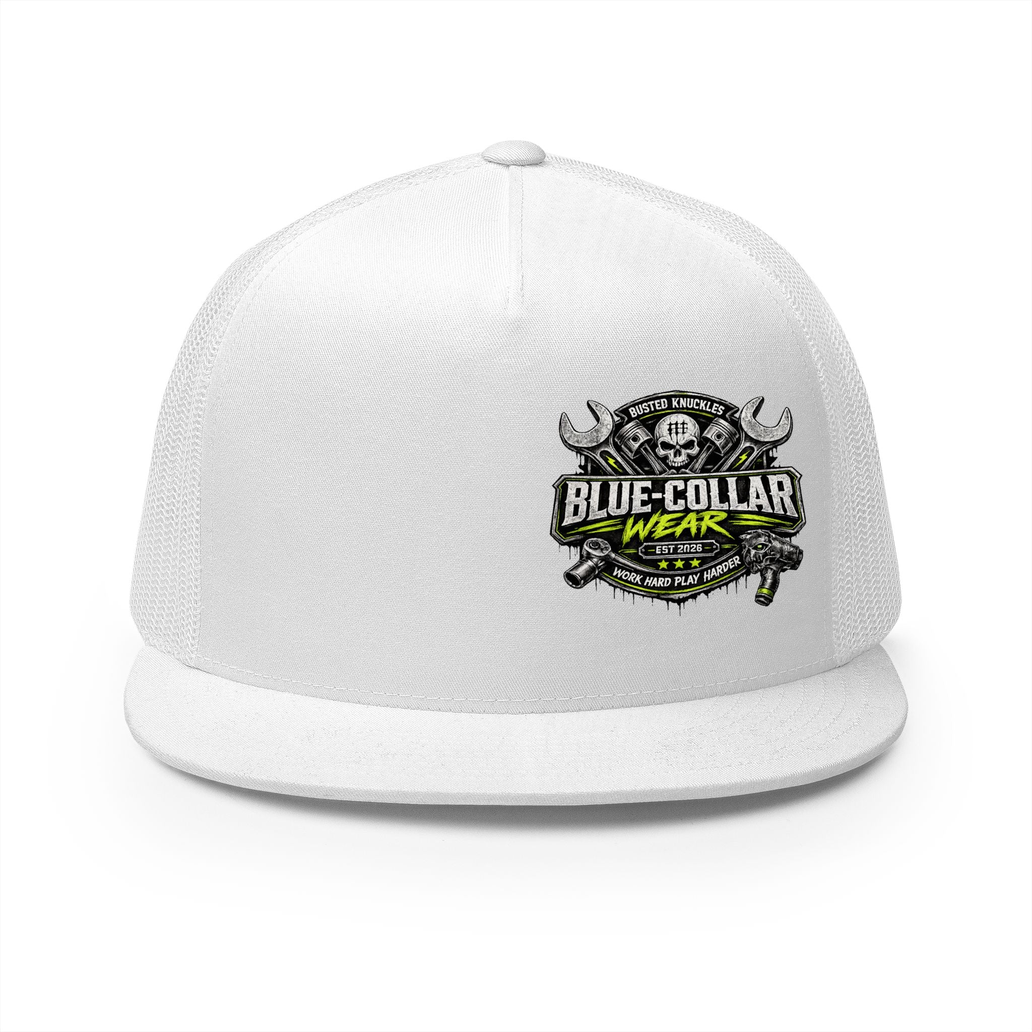 Blue Collar Wear Trucker Cap Mechanic — Workwear Skull Logo Mesh Snapback