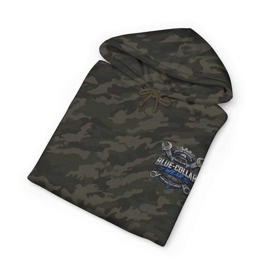 Blue-Collar Wear Hoodie — Mechanic Wrench Logo Workwear Pullover