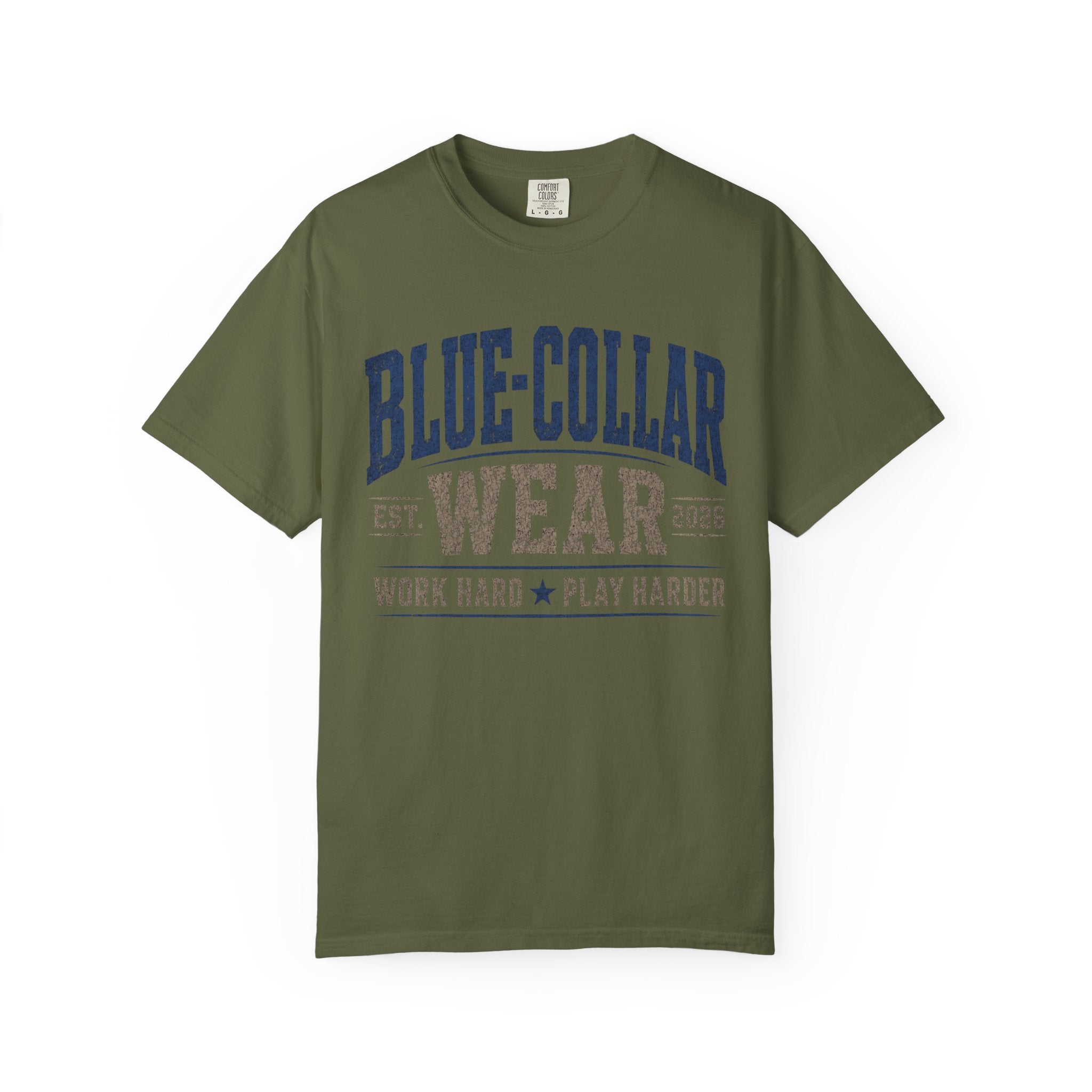 Blue-Collar Wear T-Shirt — "Work Hard • Play Harder" Retro Workwear Tee