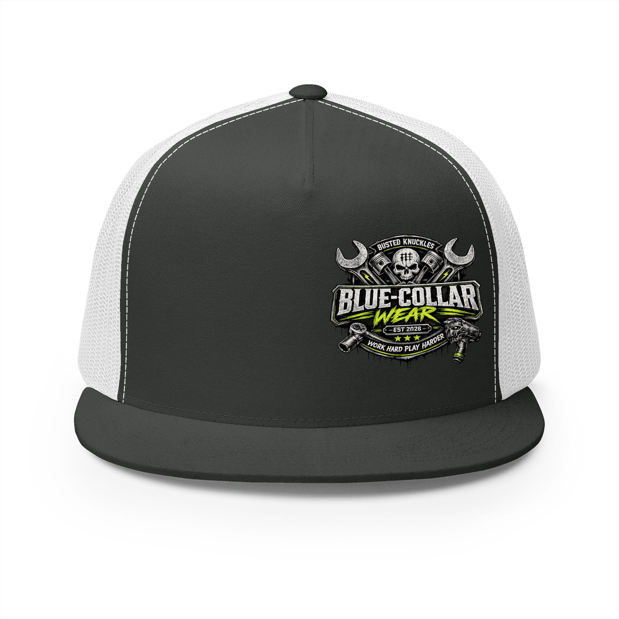 Blue Collar Wear Trucker Cap Mechanic — Workwear Skull Logo Mesh Snapback