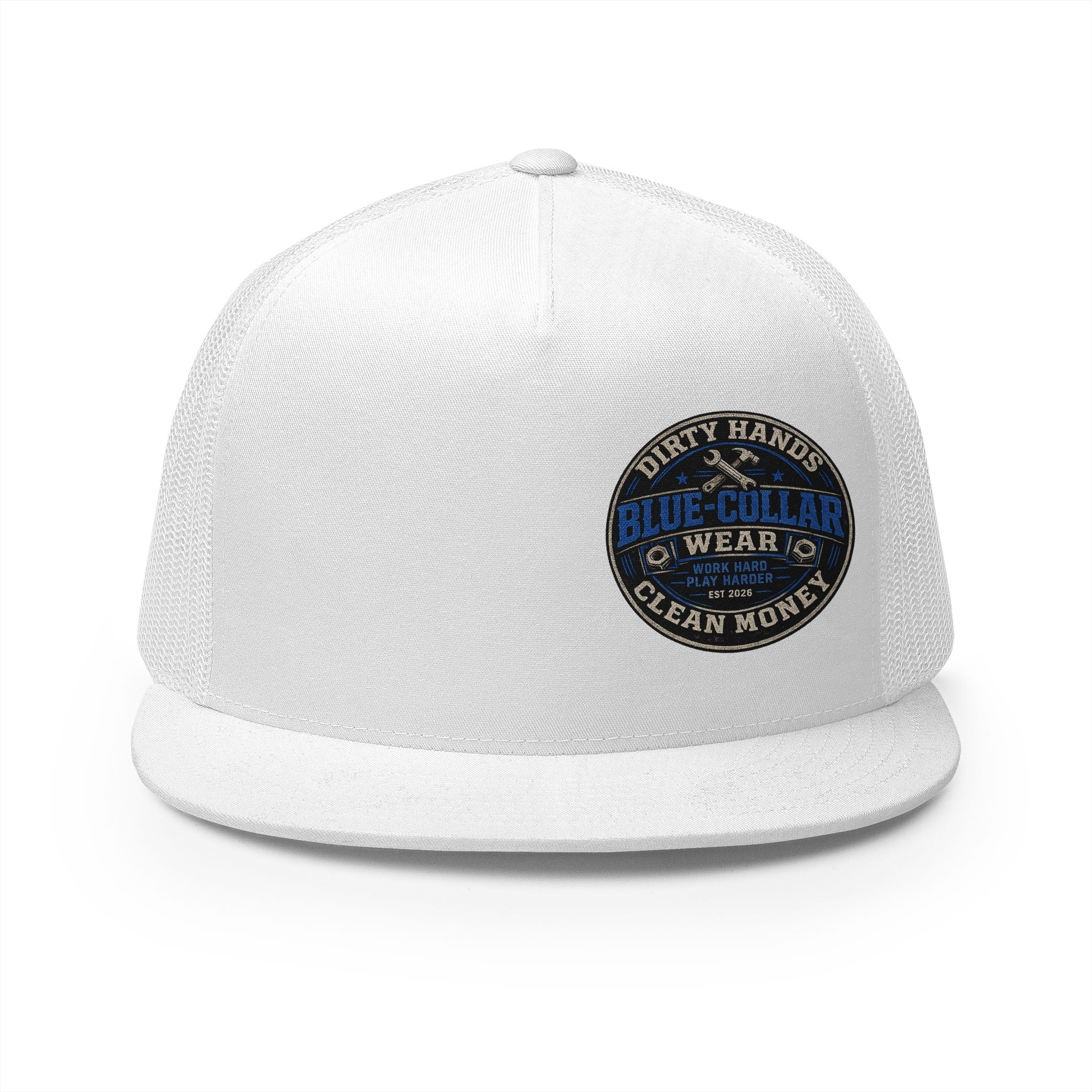 Blue-Collar Workwear Trucker Cap — "Dirty Hands Clean Money" Patch