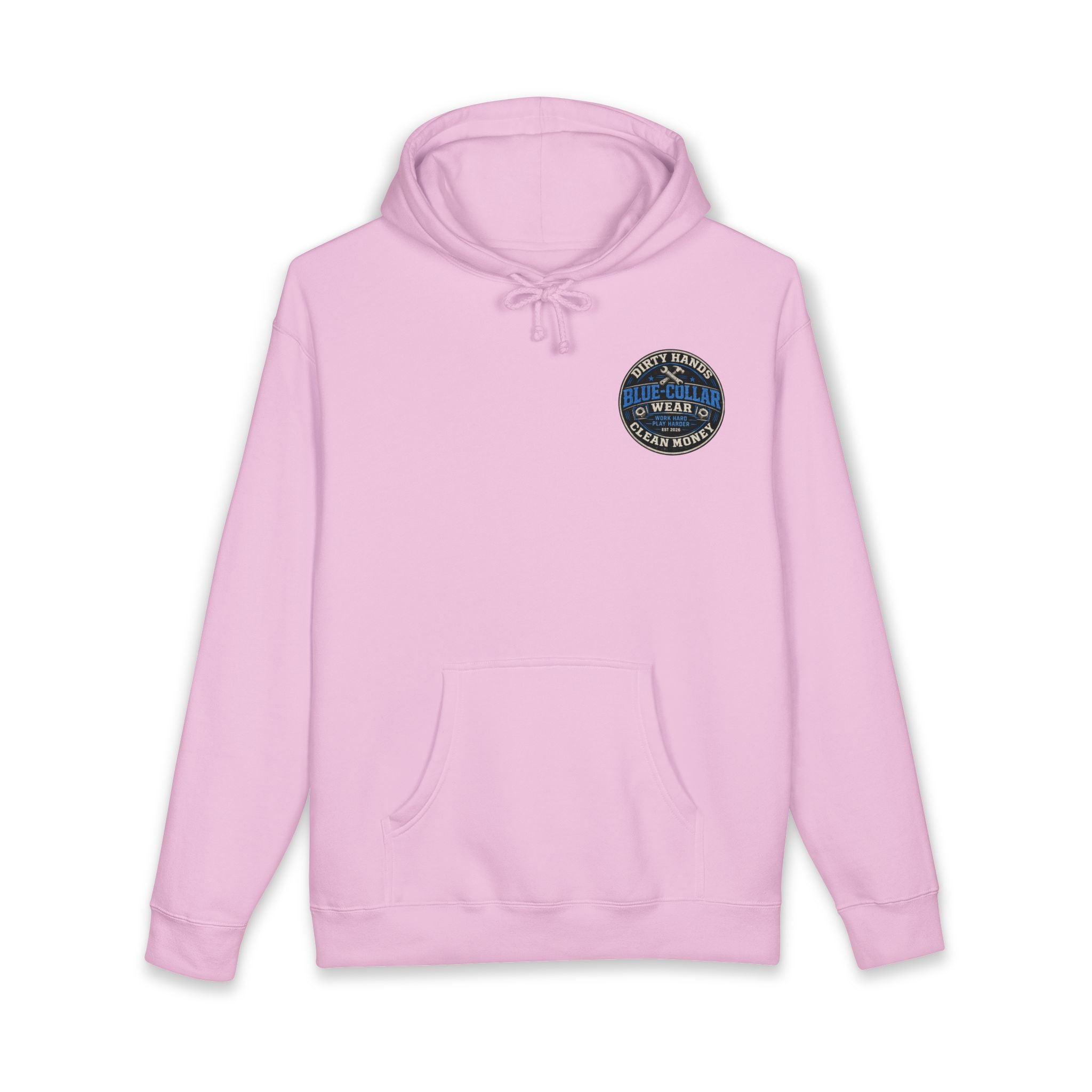 Blue-Collar Workwear Hoodie — "Dirty Hands, Clean Money" Chest & Back Graphic