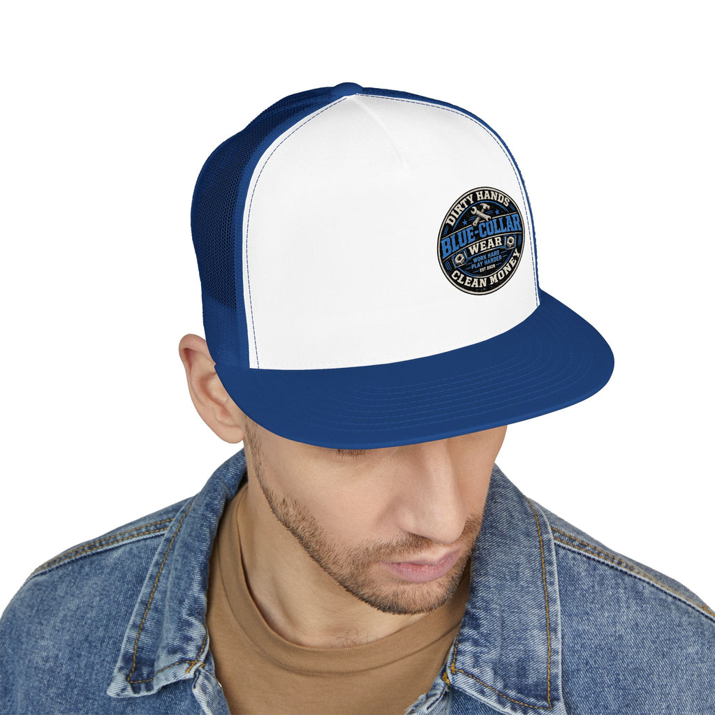 Blue-Collar Workwear Trucker Cap — "Dirty Hands Clean Money" Patch