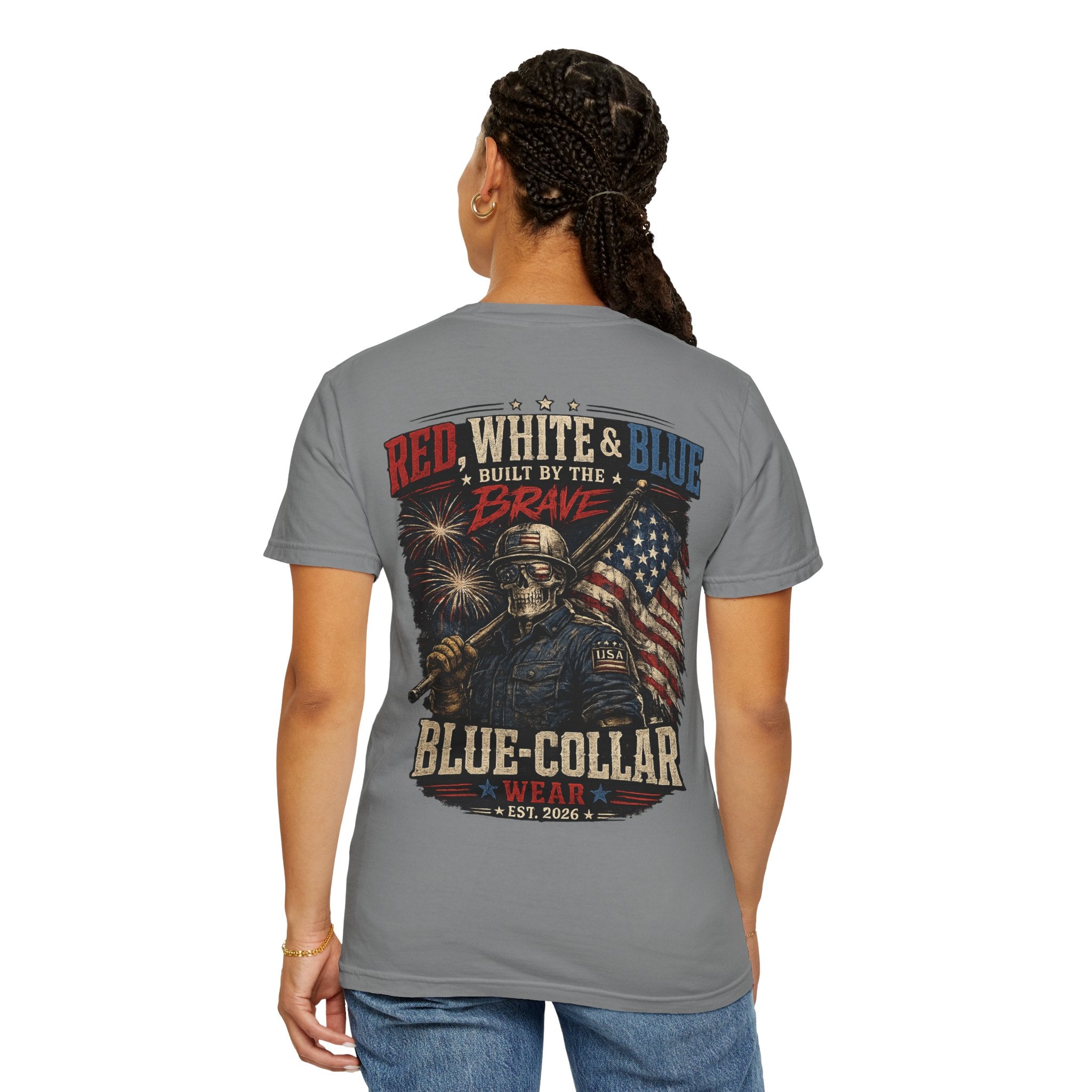 Blue-Collar Wear Patriotic T-Shirt — “Red, White & Blue Built by the Brave”
