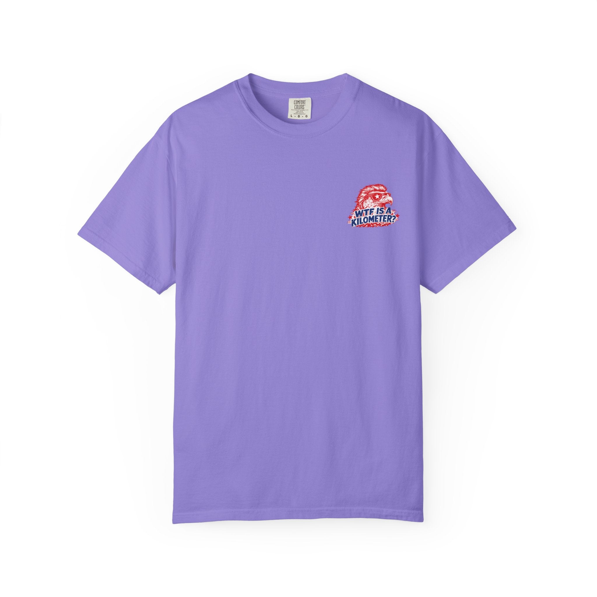 WTF Is a Kilometer? Graphic T‑Shirt — Retro Eagle Patriotic Travel Humor