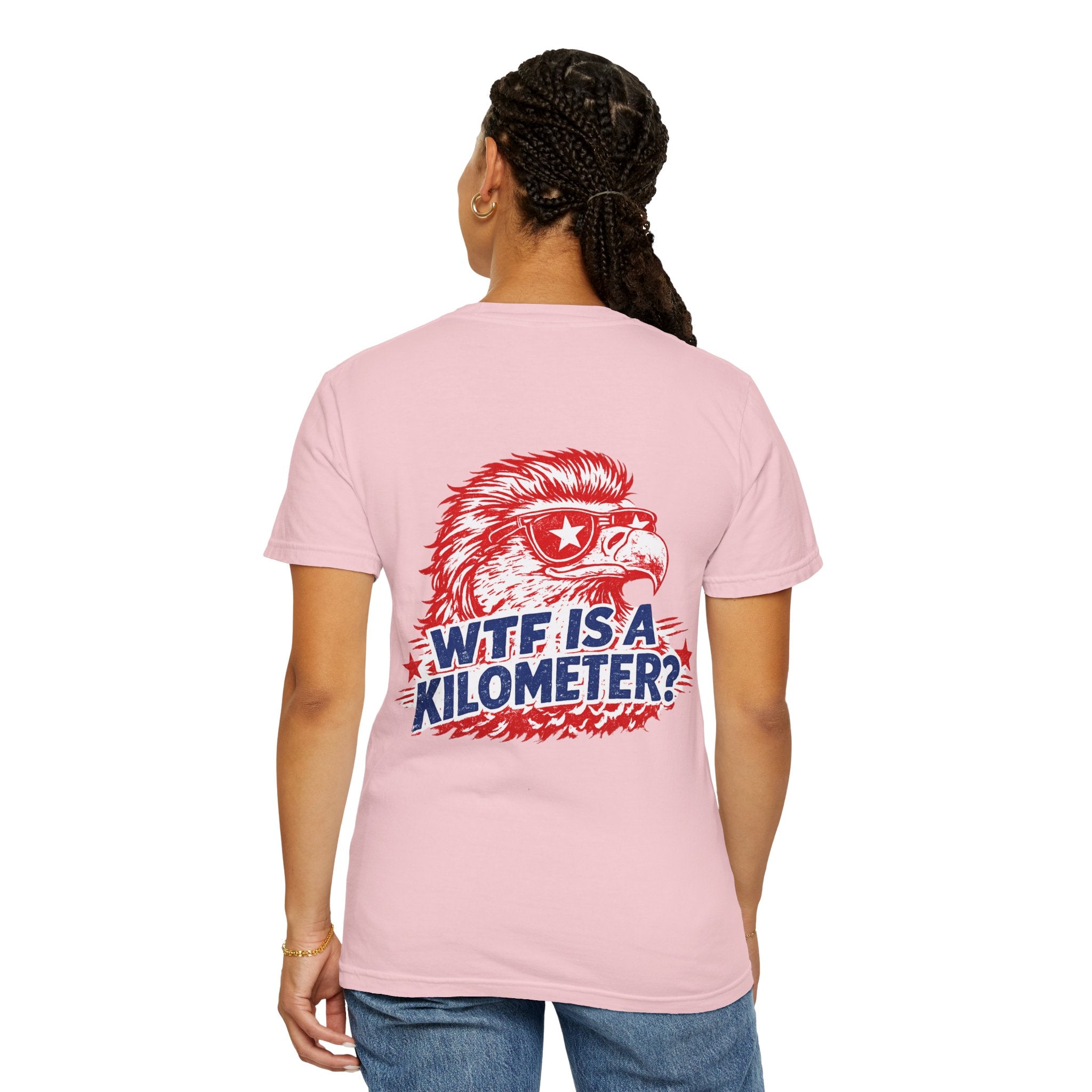 WTF Is a Kilometer? Graphic T‑Shirt — Retro Eagle Patriotic Travel Humor