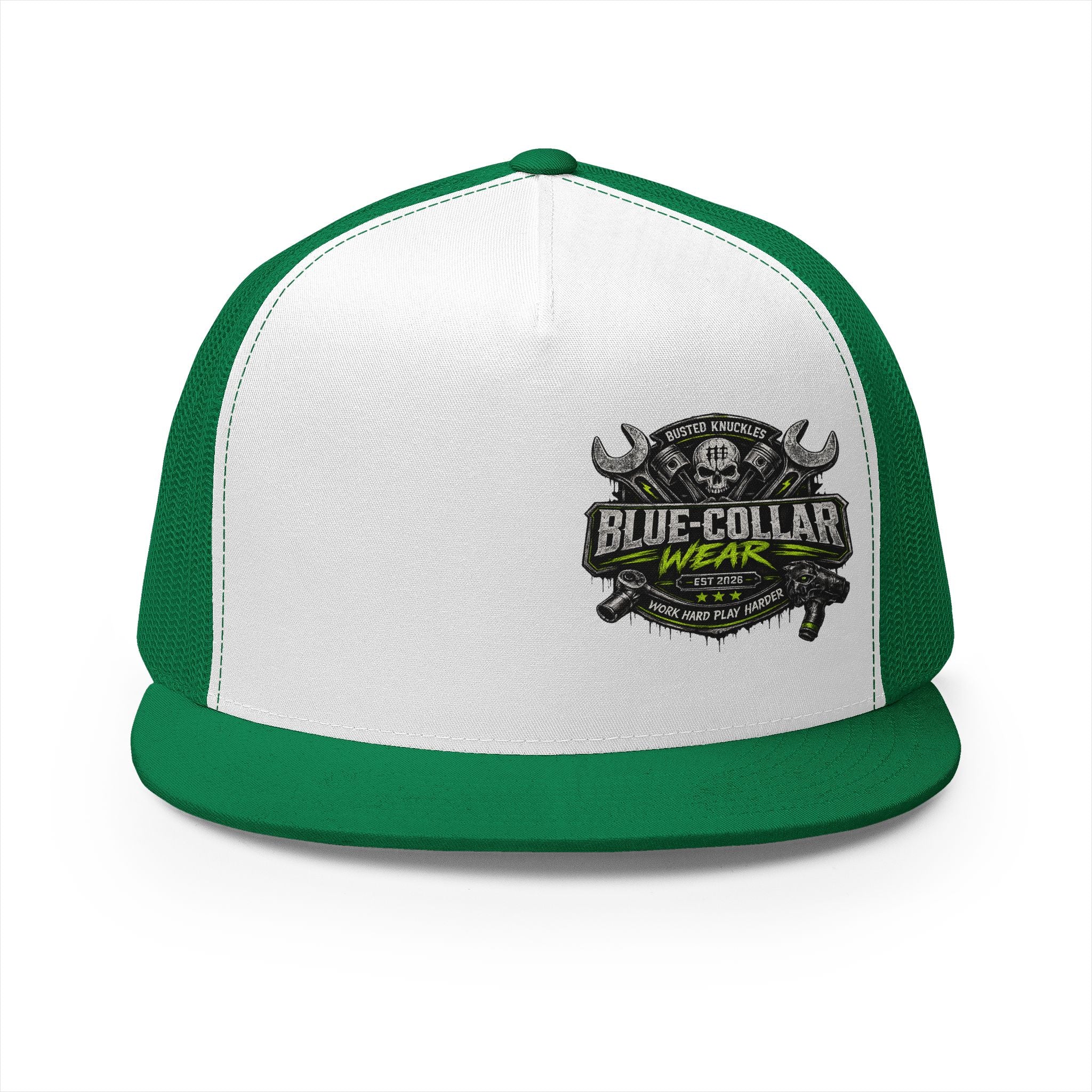 Blue Collar Wear Trucker Cap Mechanic — Workwear Skull Logo Mesh Snapback