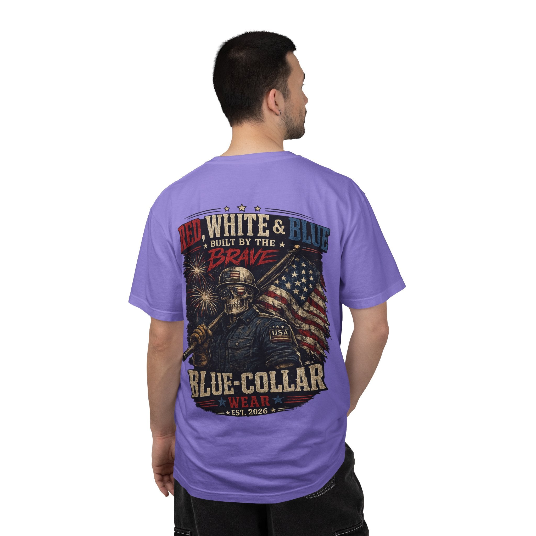 Blue-Collar Wear Patriotic T-Shirt — “Red, White & Blue Built by the Brave”