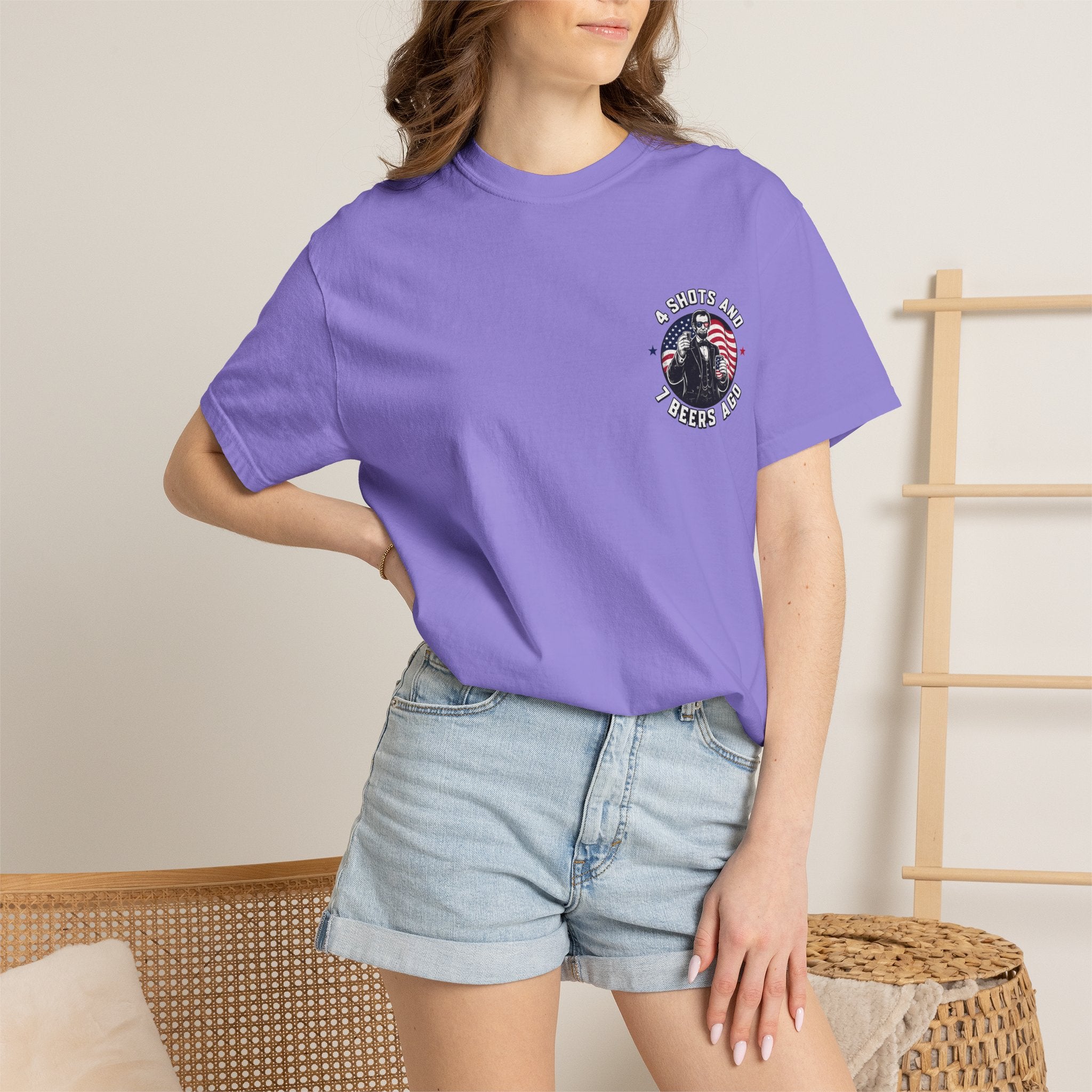 4 Shots and 7 Beers Ago T-Shirt — Patriotic Funny Lincoln Drinking Tee