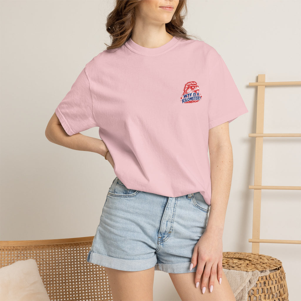 WTF Is a Kilometer? Graphic T‑Shirt — Retro Eagle Patriotic Travel Humor