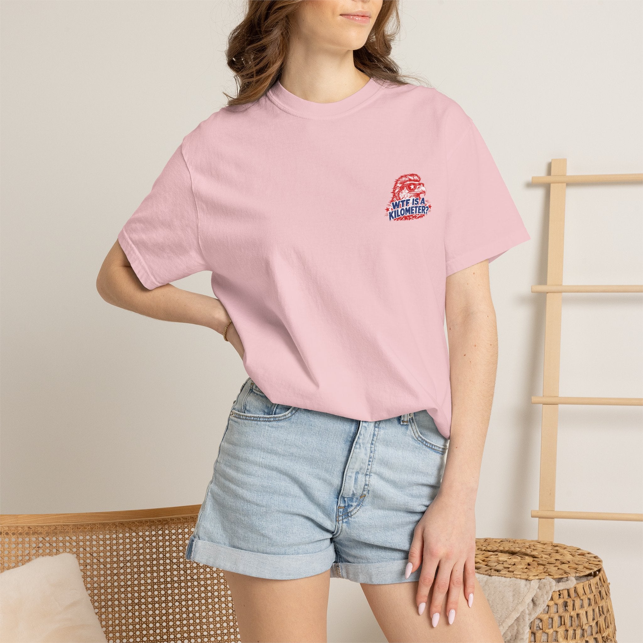 WTF Is a Kilometer? Graphic T‑Shirt — Retro Eagle Patriotic Travel Humor