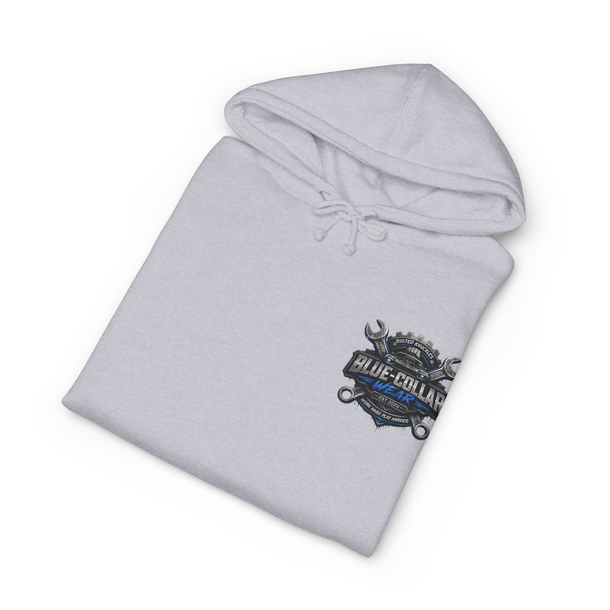 Blue-Collar Wear Hoodie — Mechanic Wrench Logo Workwear Pullover