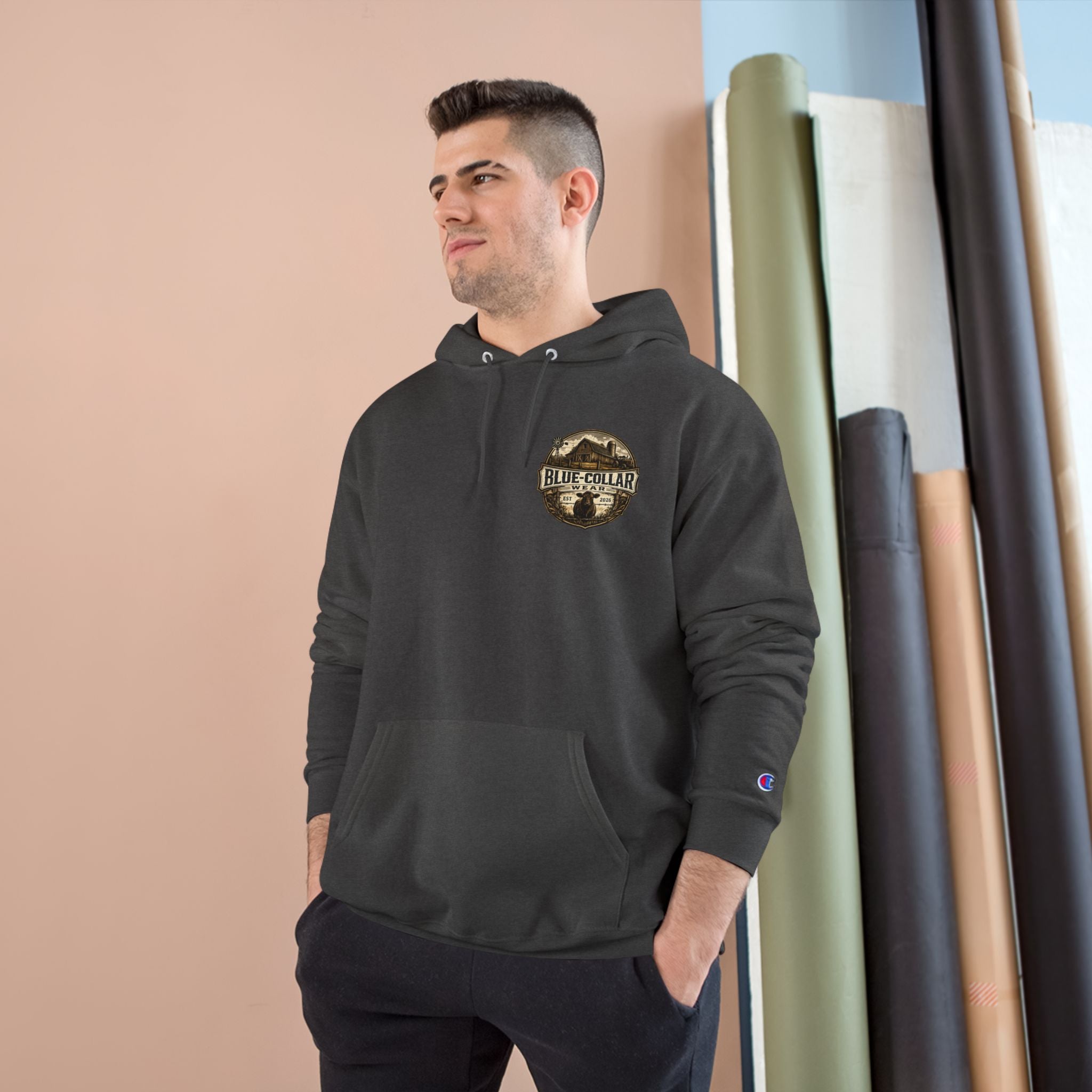 Blue-Collar Wear RANCHER Shield Hoodie — Vintage Workwear Logo Pullover