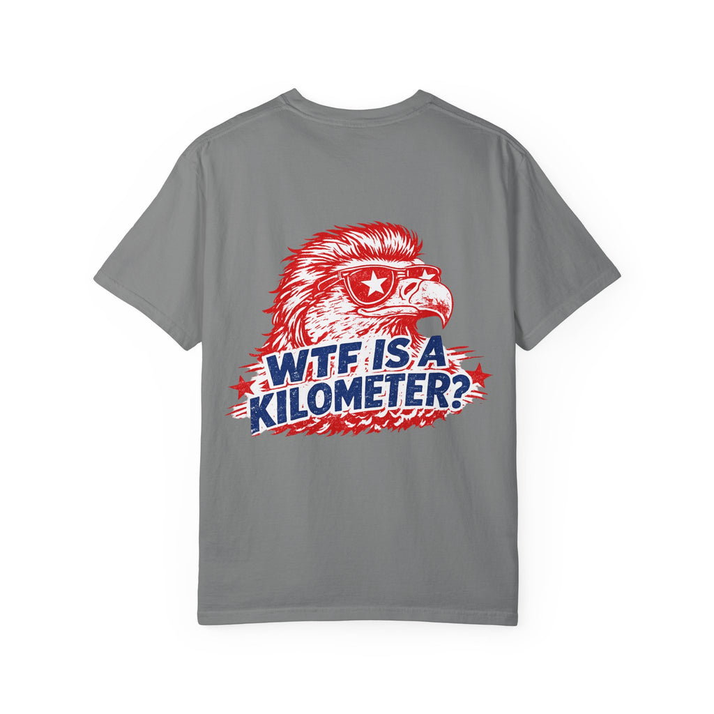 WTF Is a Kilometer? Graphic T‑Shirt — Retro Eagle Patriotic Travel Humor