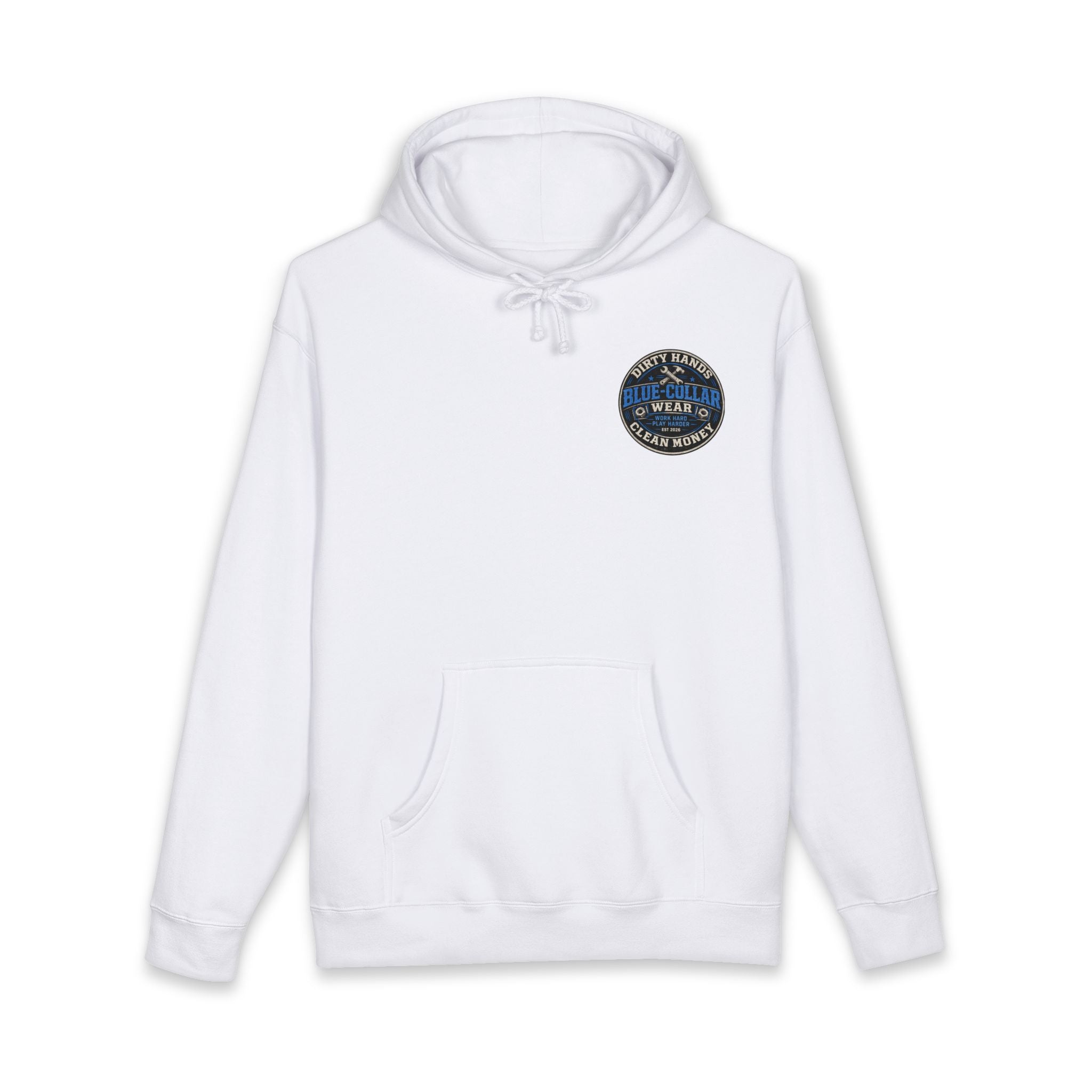 Blue-Collar Workwear Hoodie — "Dirty Hands, Clean Money" Chest & Back Graphic