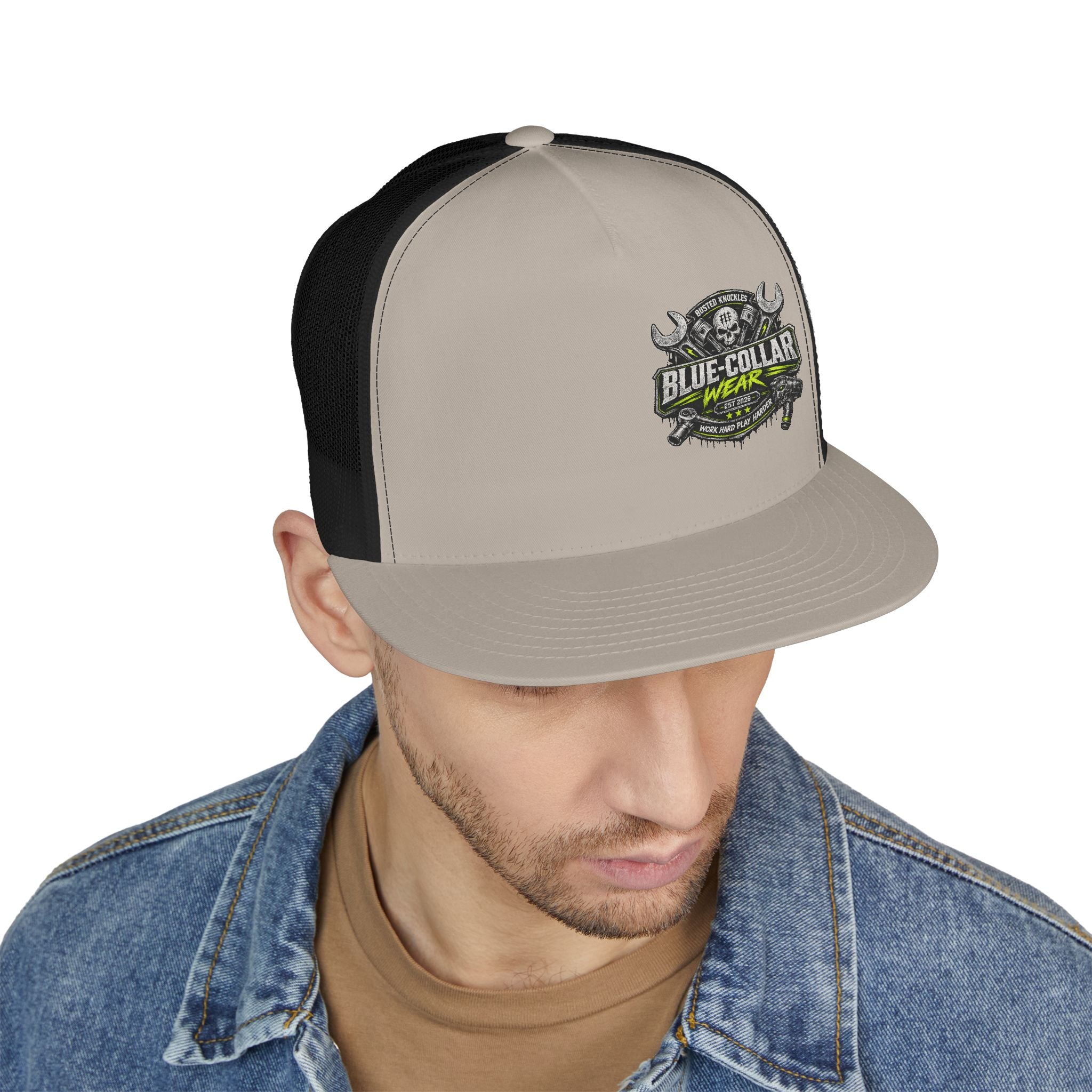 Blue Collar Wear Trucker Cap Mechanic — Workwear Skull Logo Mesh Snapback