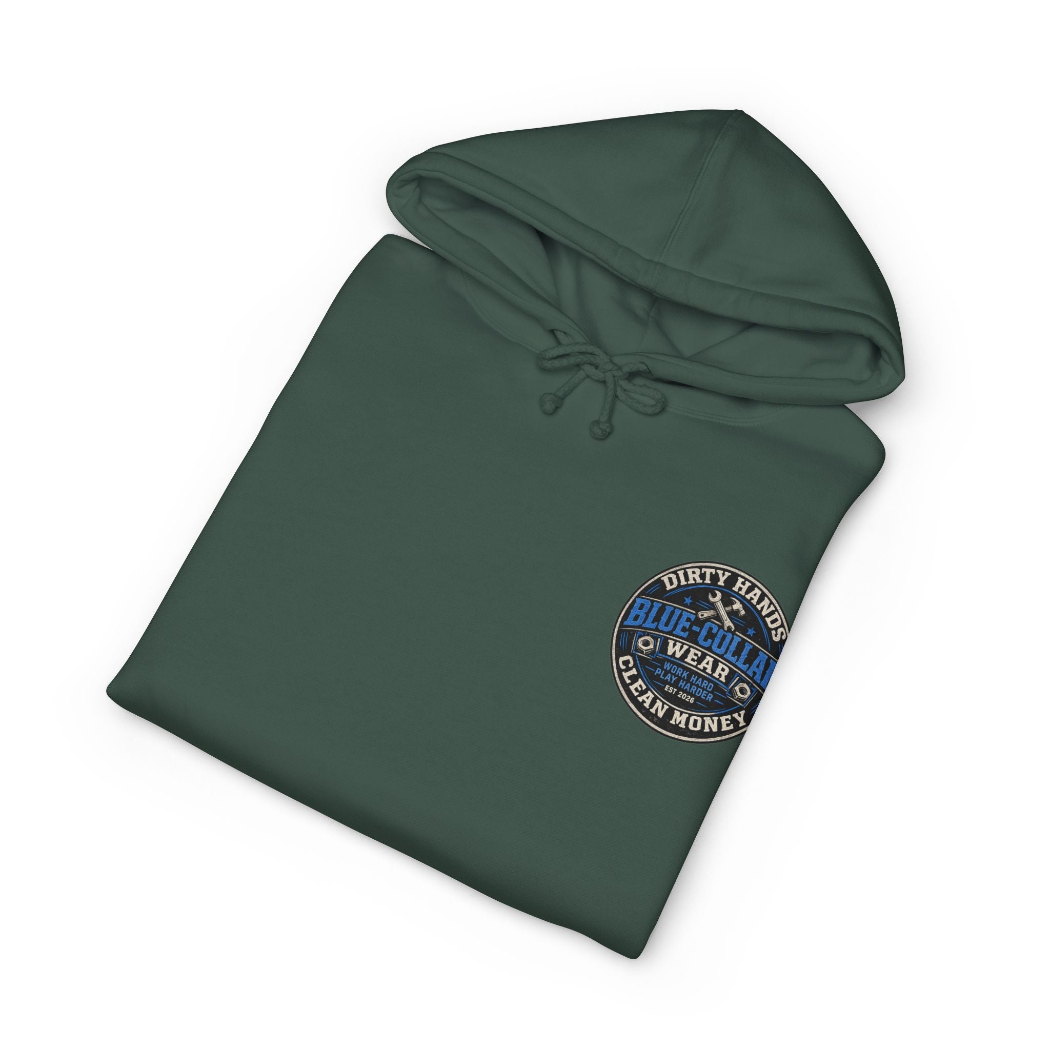 Blue-Collar Workwear Hoodie — "Dirty Hands, Clean Money" Chest & Back Graphic