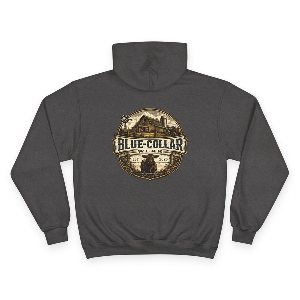 Blue-Collar Wear RANCHER Shield Hoodie — Vintage Workwear Logo Pullover