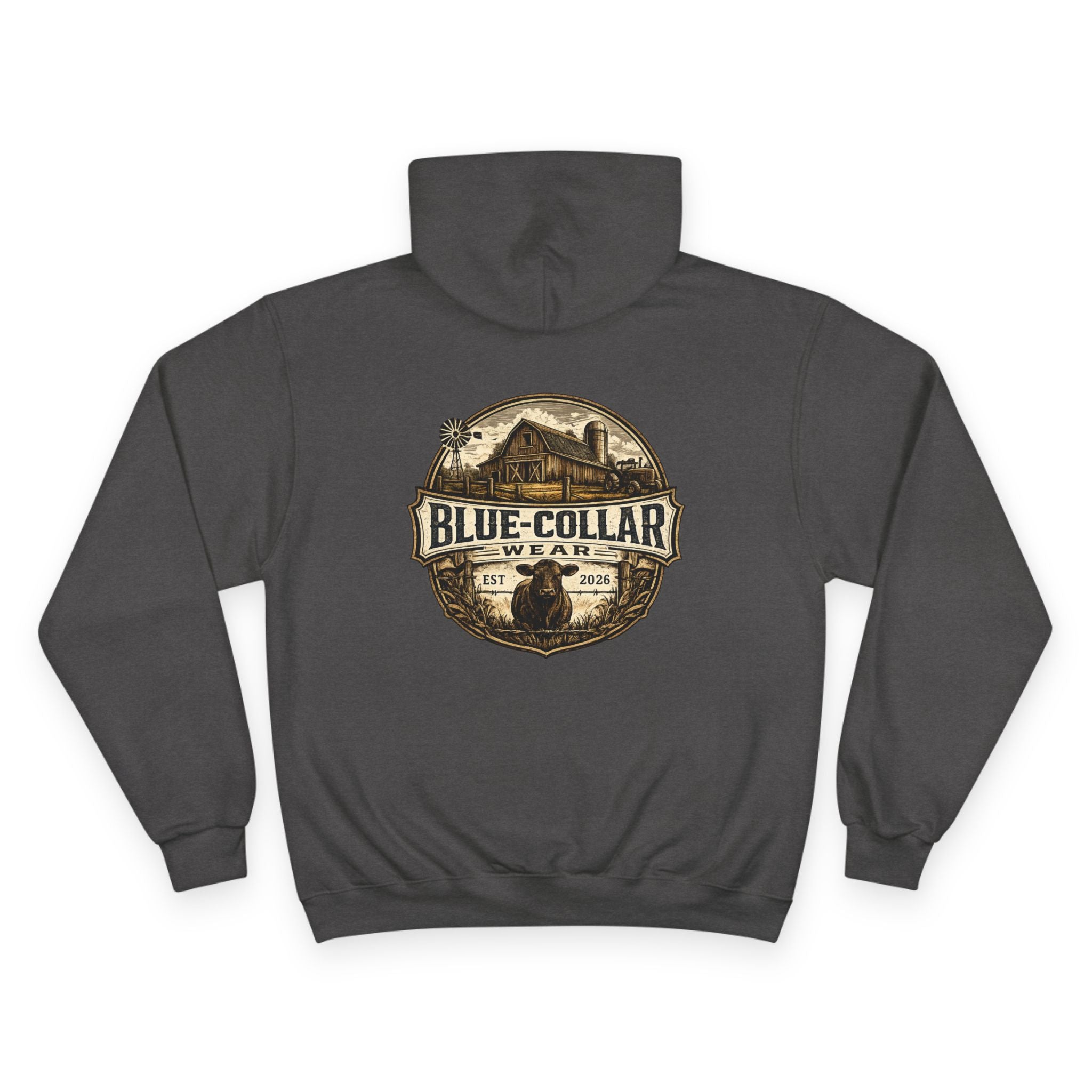 Blue-Collar Wear RANCHER Shield Hoodie — Vintage Workwear Logo Pullover
