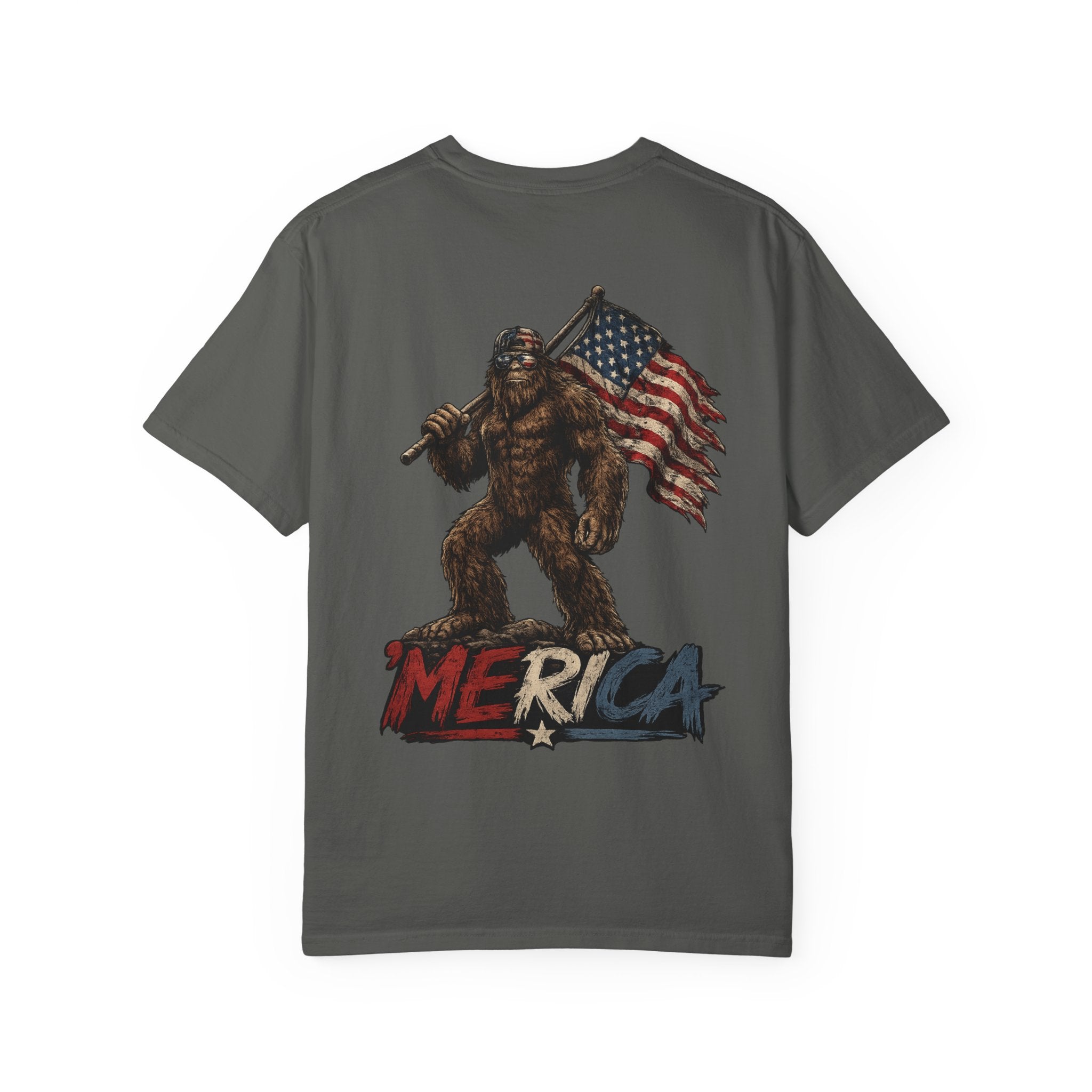 Merica Bigfoot Flag T-Shirt — 'Blue Collar' Patriotic Graphic Tee