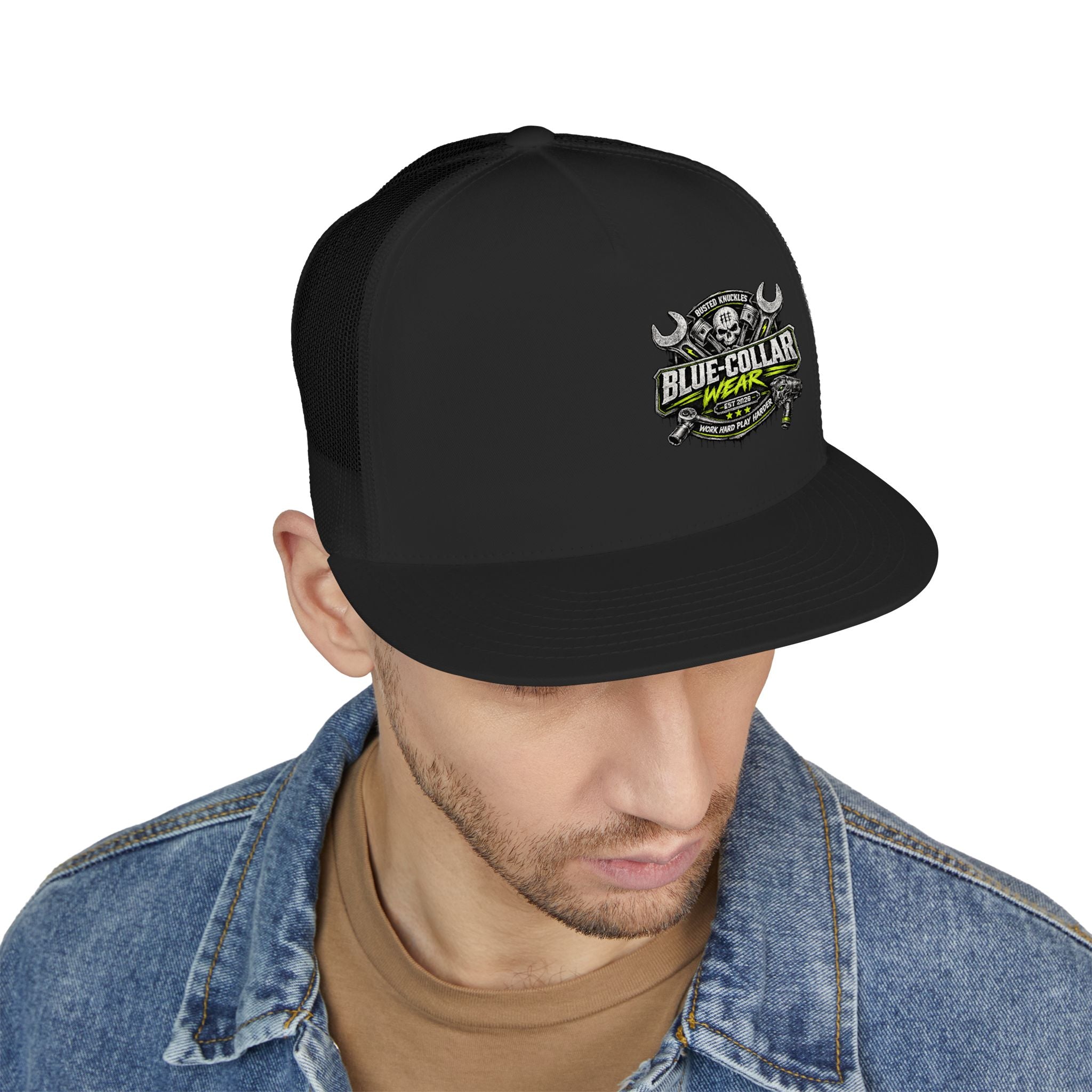 Blue Collar Wear Trucker Cap Mechanic — Workwear Skull Logo Mesh Snapback