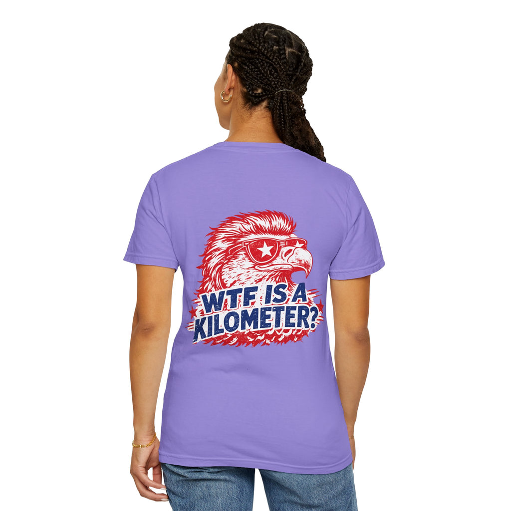 WTF Is a Kilometer? Graphic T‑Shirt — Retro Eagle Patriotic Travel Humor