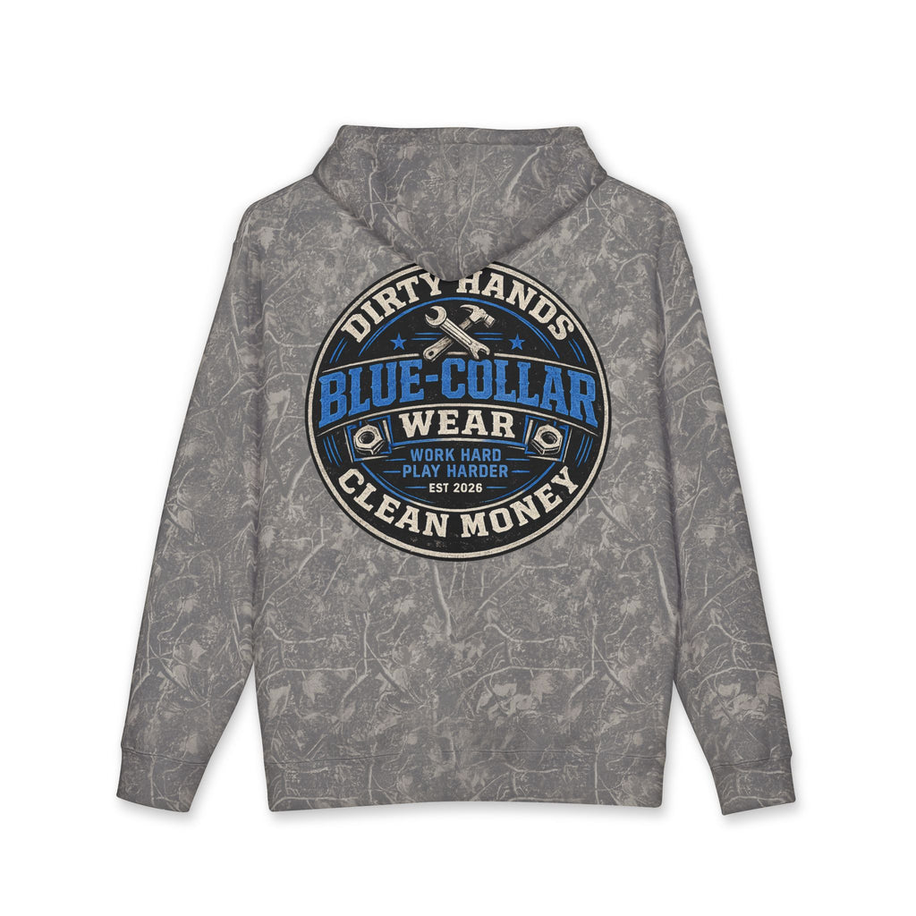 Blue-Collar Workwear Hoodie — "Dirty Hands, Clean Money" Chest & Back Graphic
