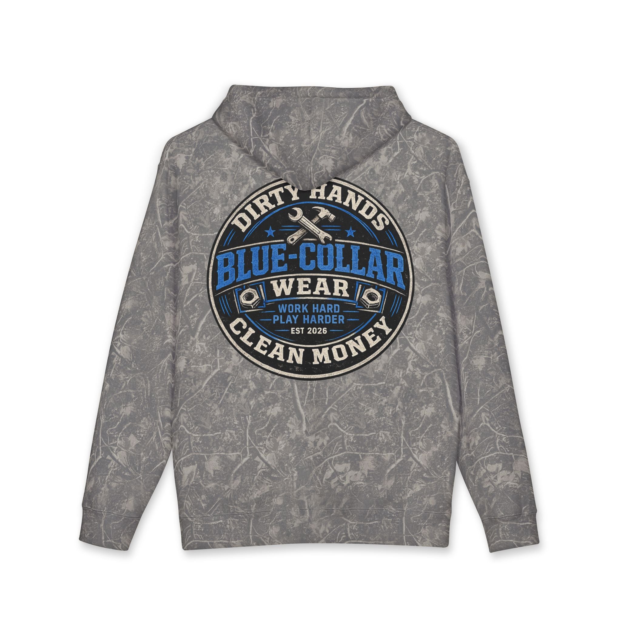 Blue-Collar Workwear Hoodie — "Dirty Hands, Clean Money" Chest & Back Graphic