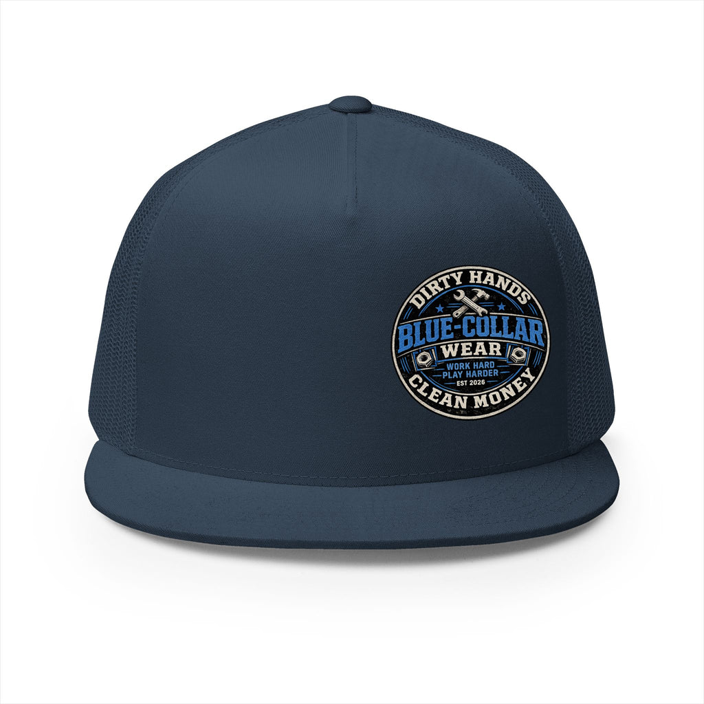Blue-Collar Workwear Trucker Cap — "Dirty Hands Clean Money" Patch