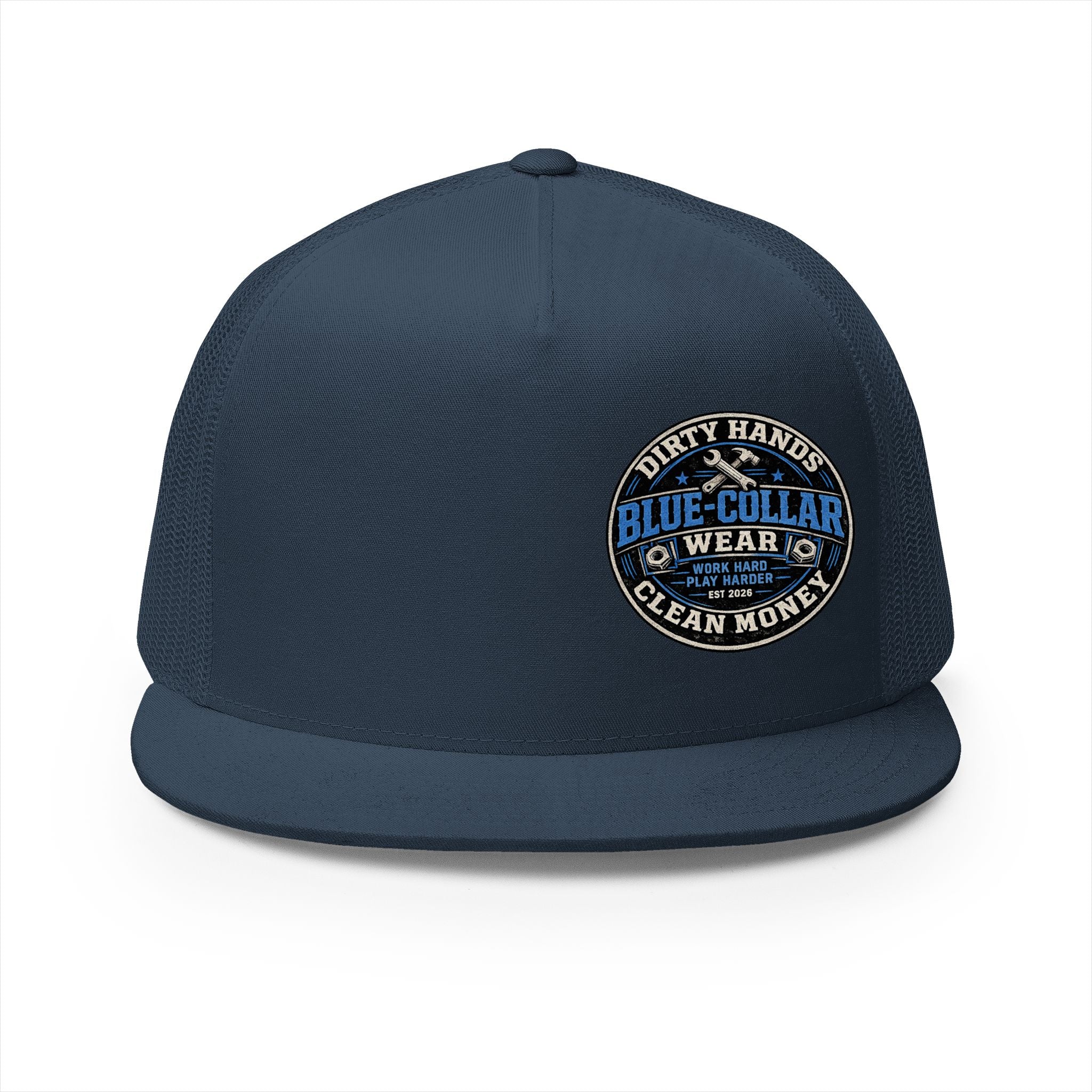 Blue-Collar Workwear Trucker Cap — "Dirty Hands Clean Money" Patch