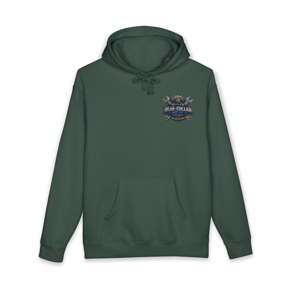 Blue-Collar Wear Hoodie — Mechanic Wrench Logo Workwear Pullover