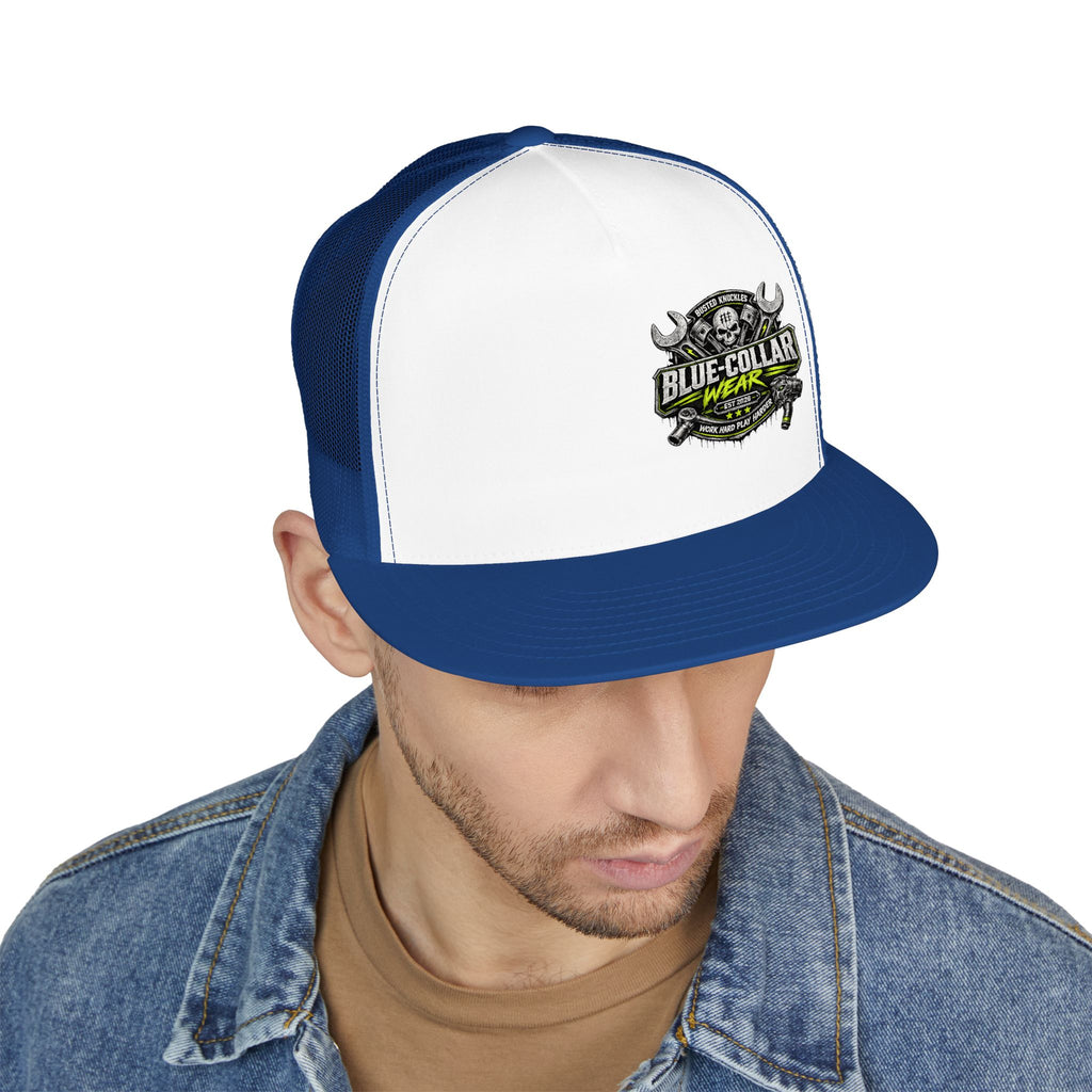 Blue Collar Wear Trucker Cap Mechanic — Workwear Skull Logo Mesh Snapback