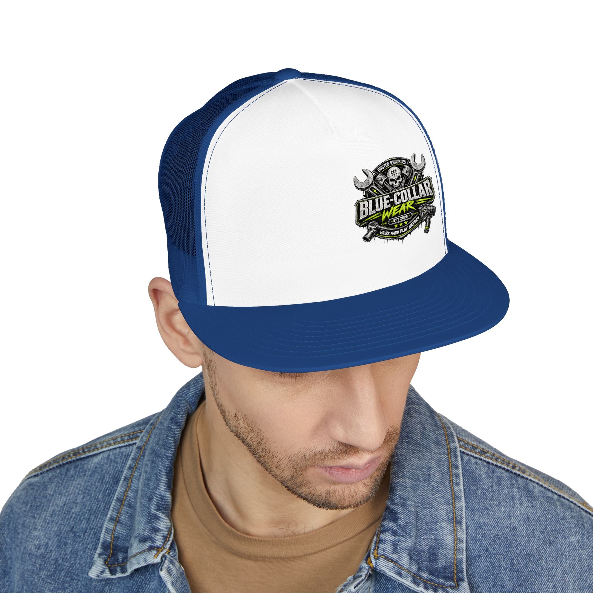Blue Collar Wear Trucker Cap Mechanic — Workwear Skull Logo Mesh Snapback